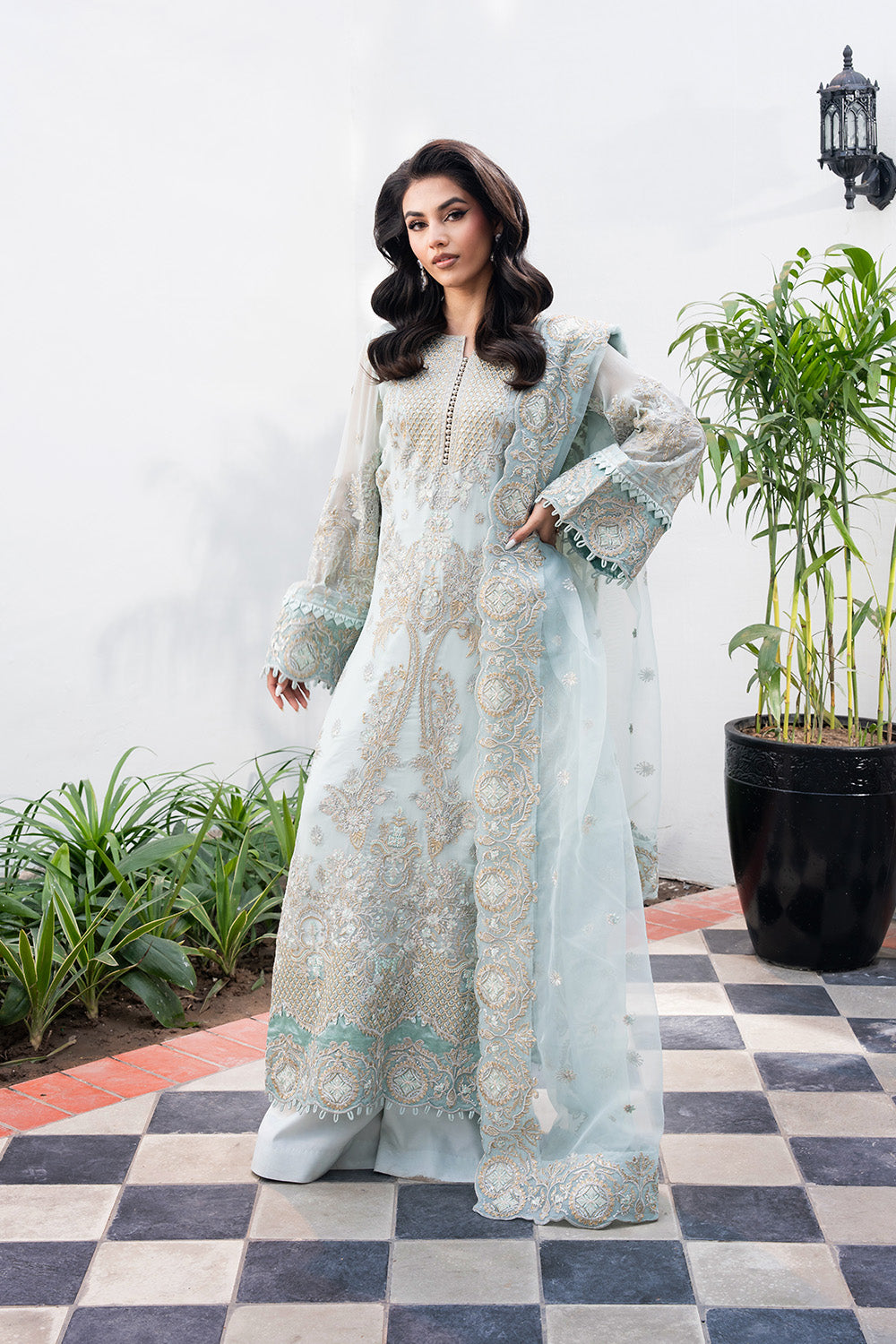 Pakistani Glacier Blue Embroidered Chiffon & Organza Salwar Kameez (3-Piece) - Image 1