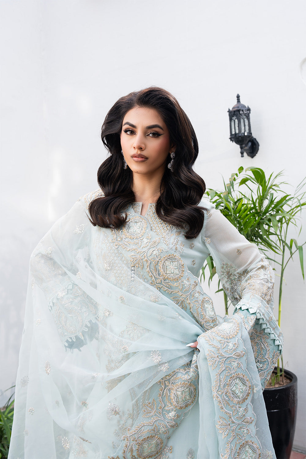 Pakistani Glacier Blue Embroidered Chiffon & Organza Salwar Kameez (3-Piece) - Image 2