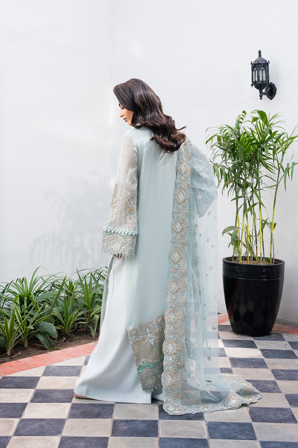 Pakistani Glacier Blue Embroidered Chiffon & Organza Salwar Kameez (3-Piece) - Image 3