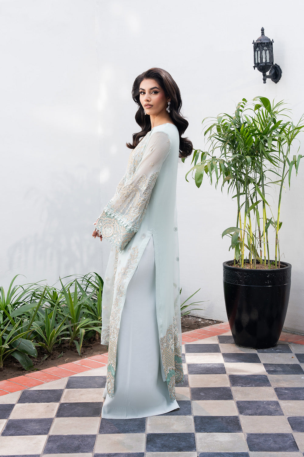Pakistani Glacier Blue Embroidered Chiffon & Organza Salwar Kameez (3-Piece) - Image 4