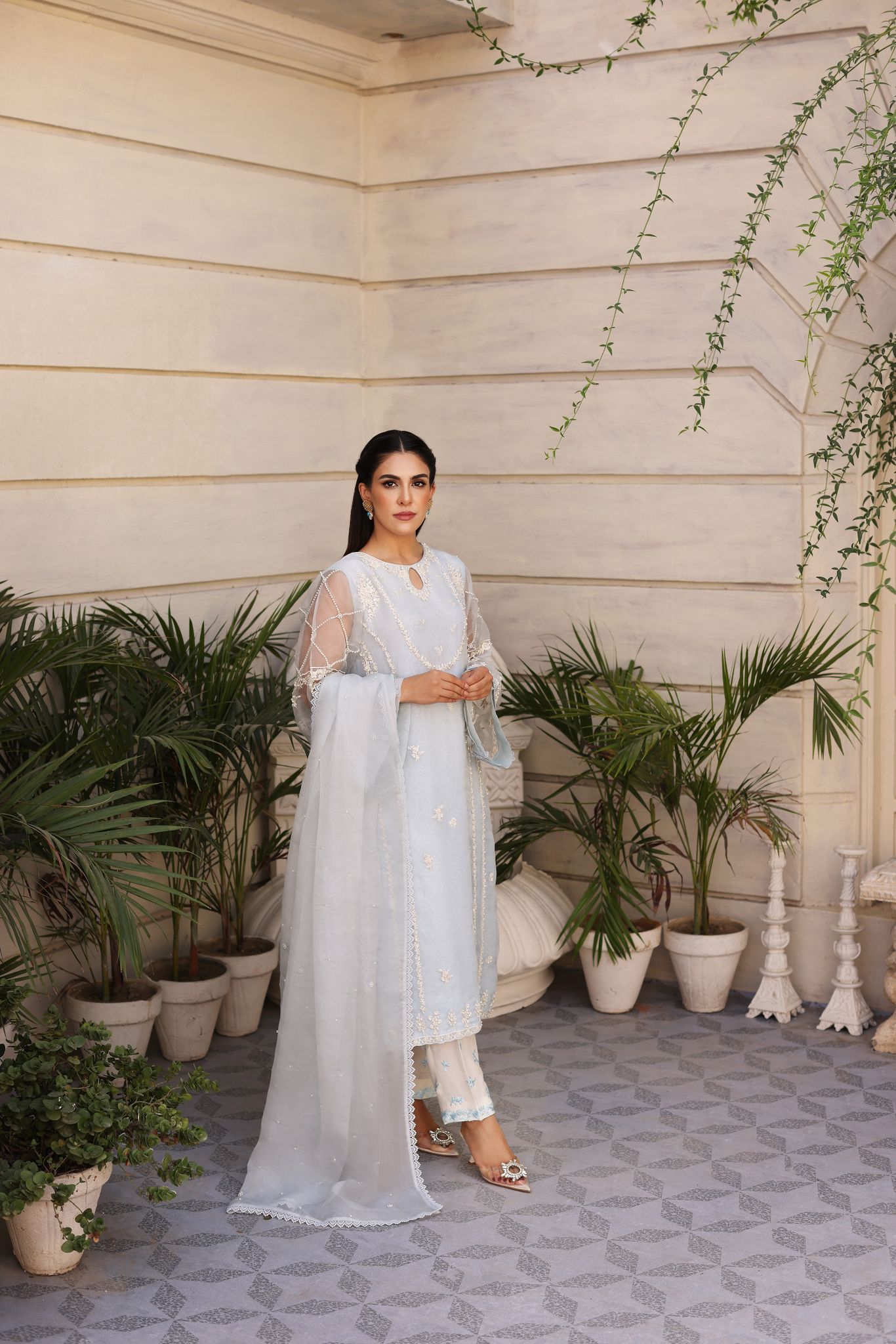 Pakistani Ice Blue Embroidered Chiffon Salwar Kameez (3-Piece) - Image 1