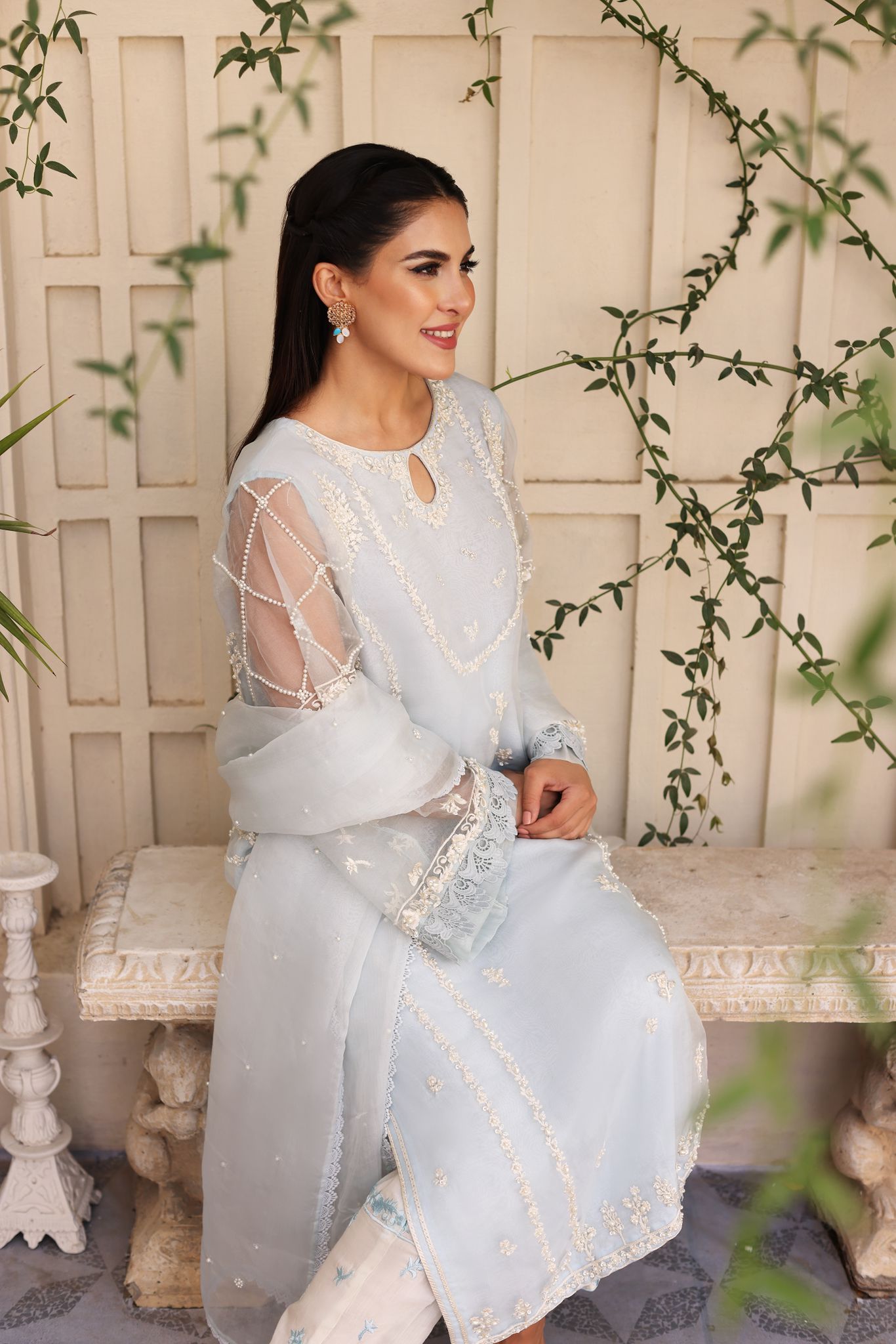 Pakistani Ice Blue Embroidered Chiffon Salwar Kameez (3-Piece) - Image 2
