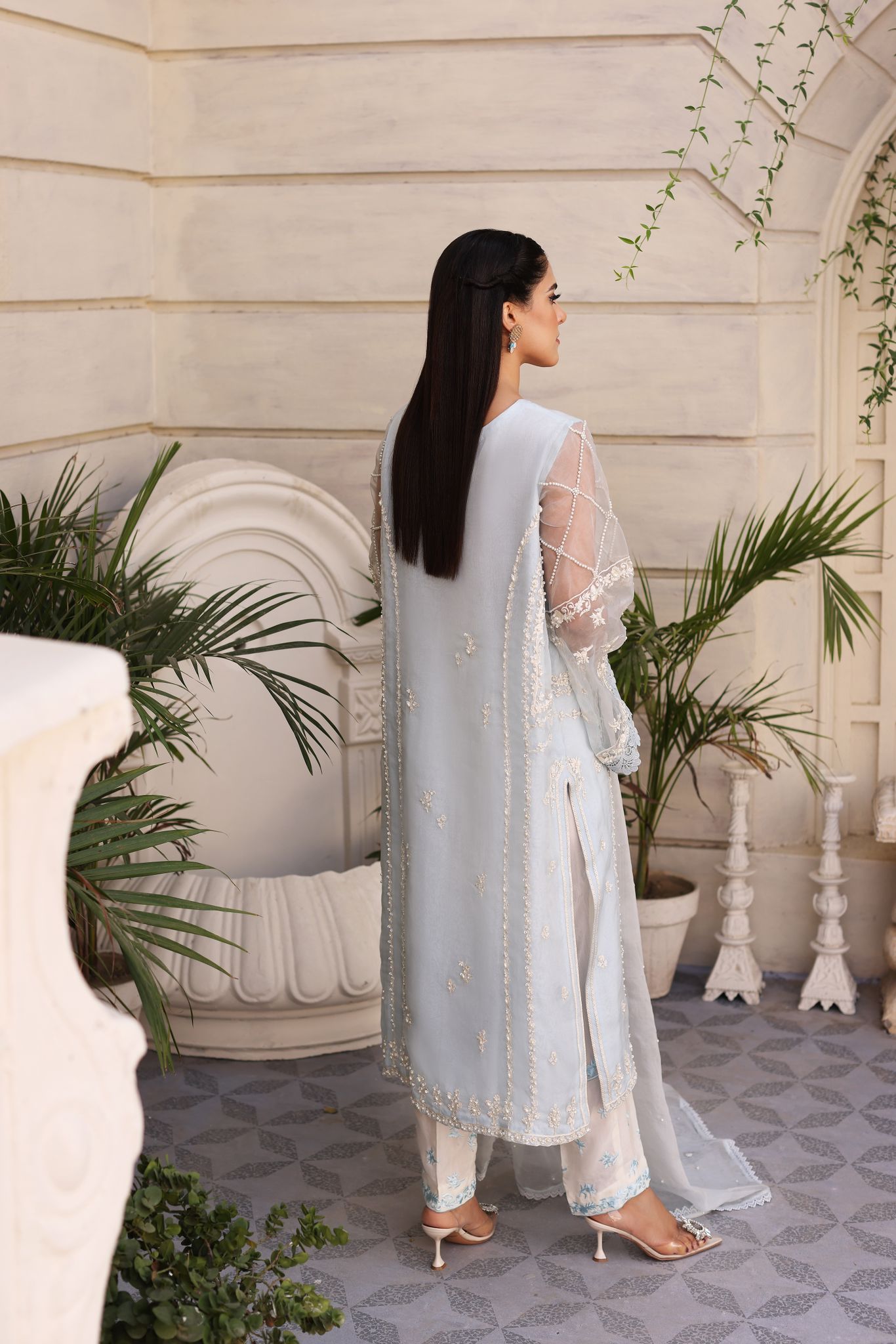 Pakistani Ice Blue Embroidered Chiffon Salwar Kameez (3-Piece) - Image 3