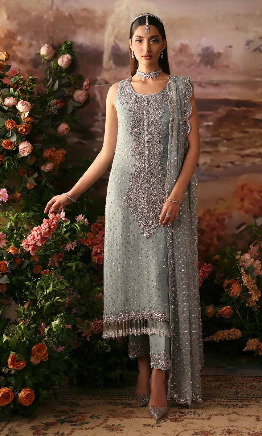 Pakistani Powder Blue Embellished Chiffon Salwar Kameez (3-Piece) - Image 1