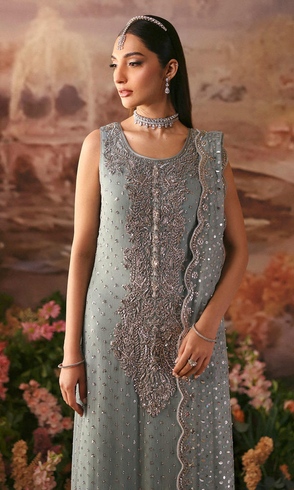 Pakistani Powder Blue Embellished Chiffon Salwar Kameez (3-Piece) - Image 3