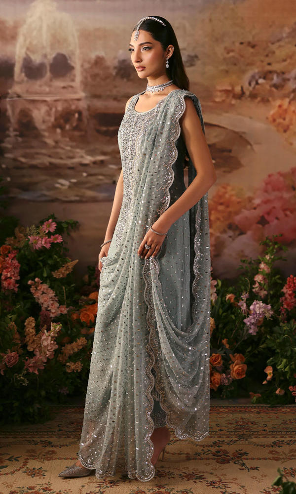 Pakistani Powder Blue Embellished Chiffon Salwar Kameez (3-Piece) - Image 5