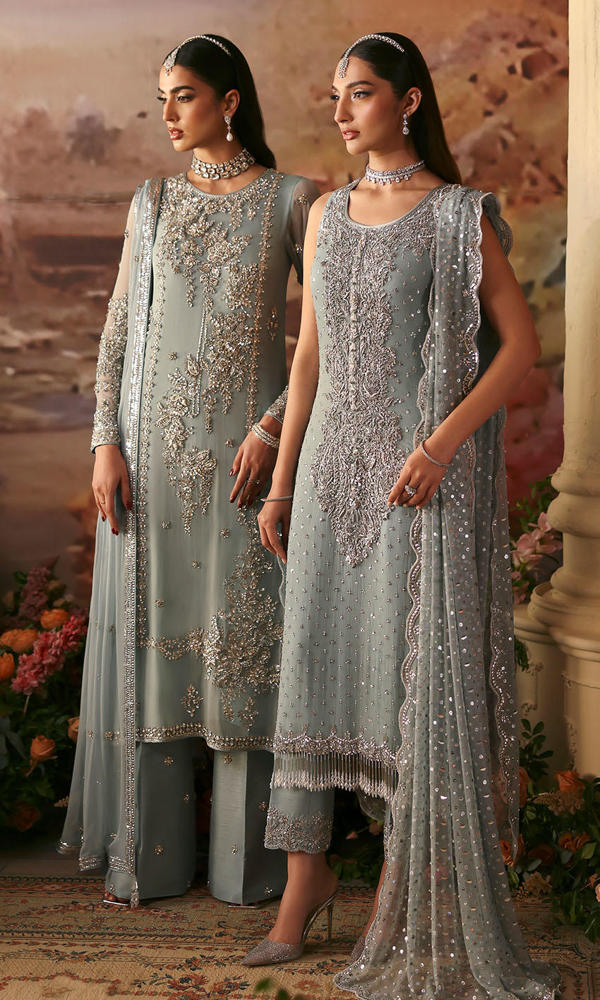 Pakistani Powder Blue Embellished Chiffon Salwar Kameez (3-Piece) - Image 9