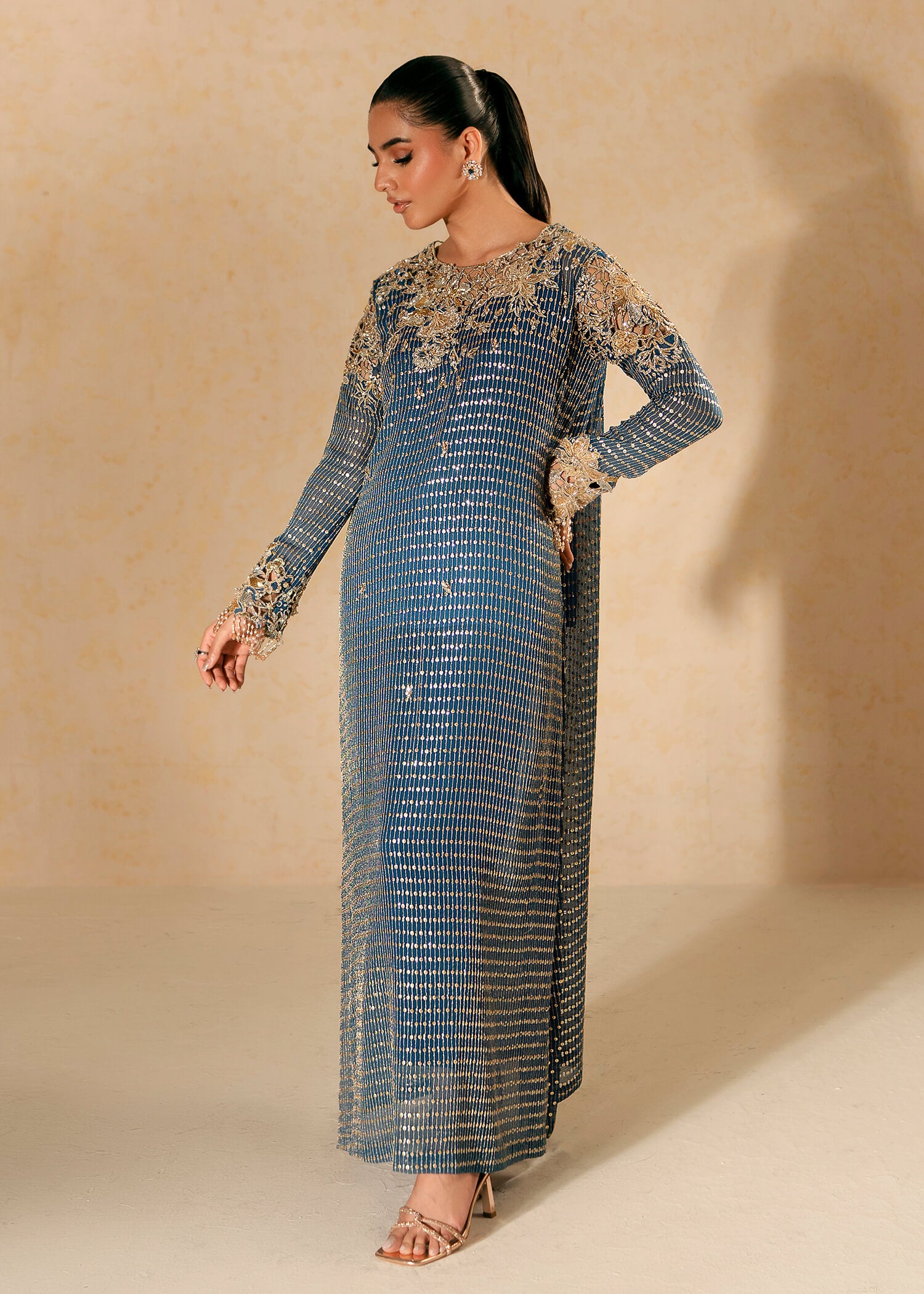 Pakistani Dark Blue Swarovski Embroidered Chiffon Salwar Kameez (2-Piece) - Image 1