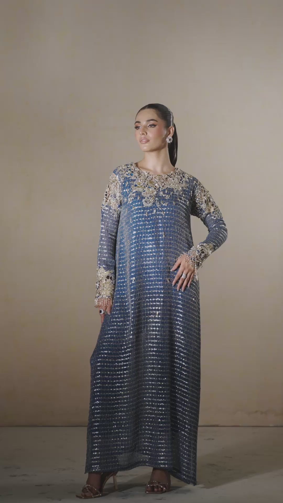 Pakistani Dark Blue Swarovski Embroidered Chiffon Salwar Kameez (2-Piece) - Image 10