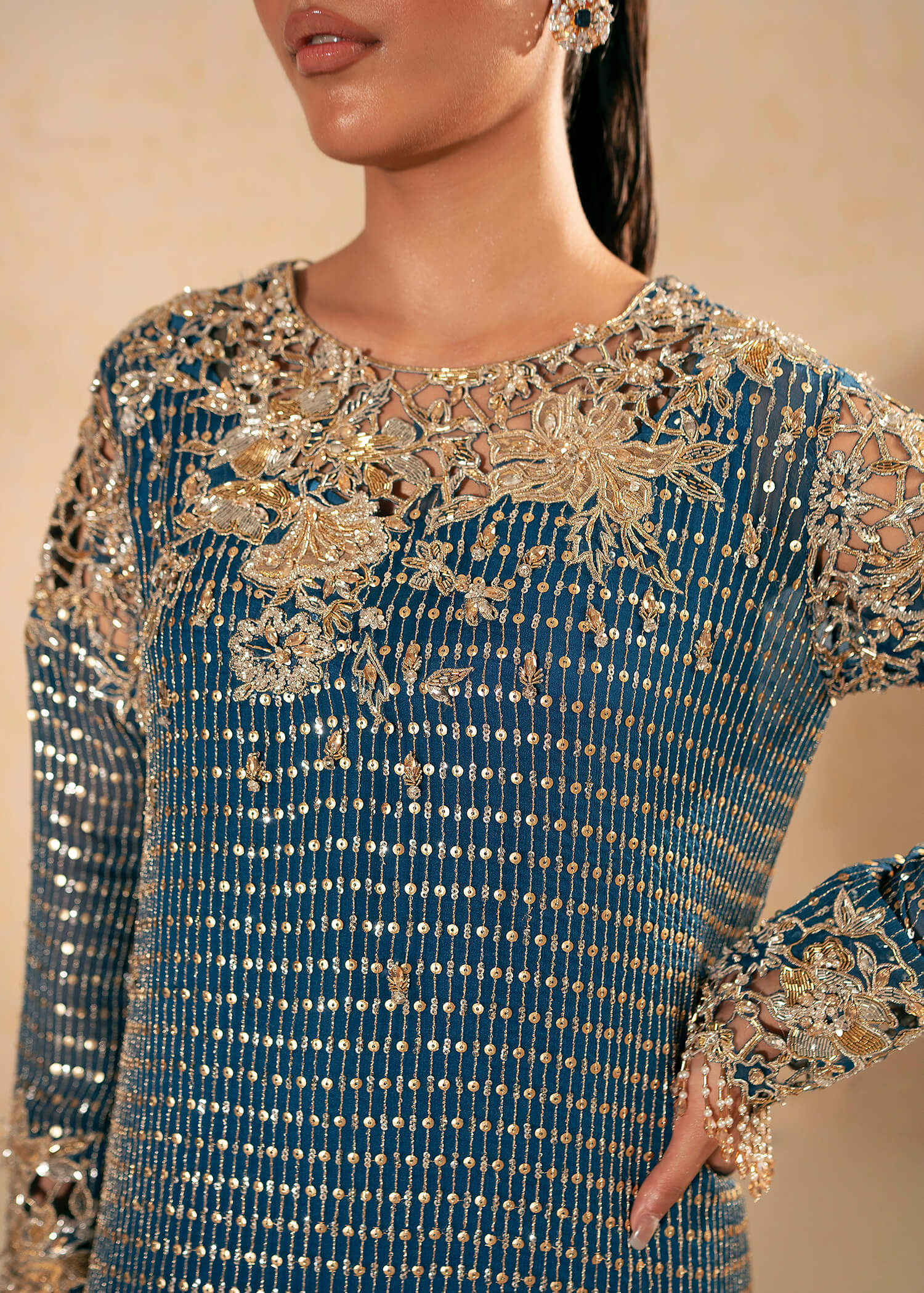 Pakistani Dark Blue Swarovski Embroidered Chiffon Salwar Kameez (2-Piece) - Image 2