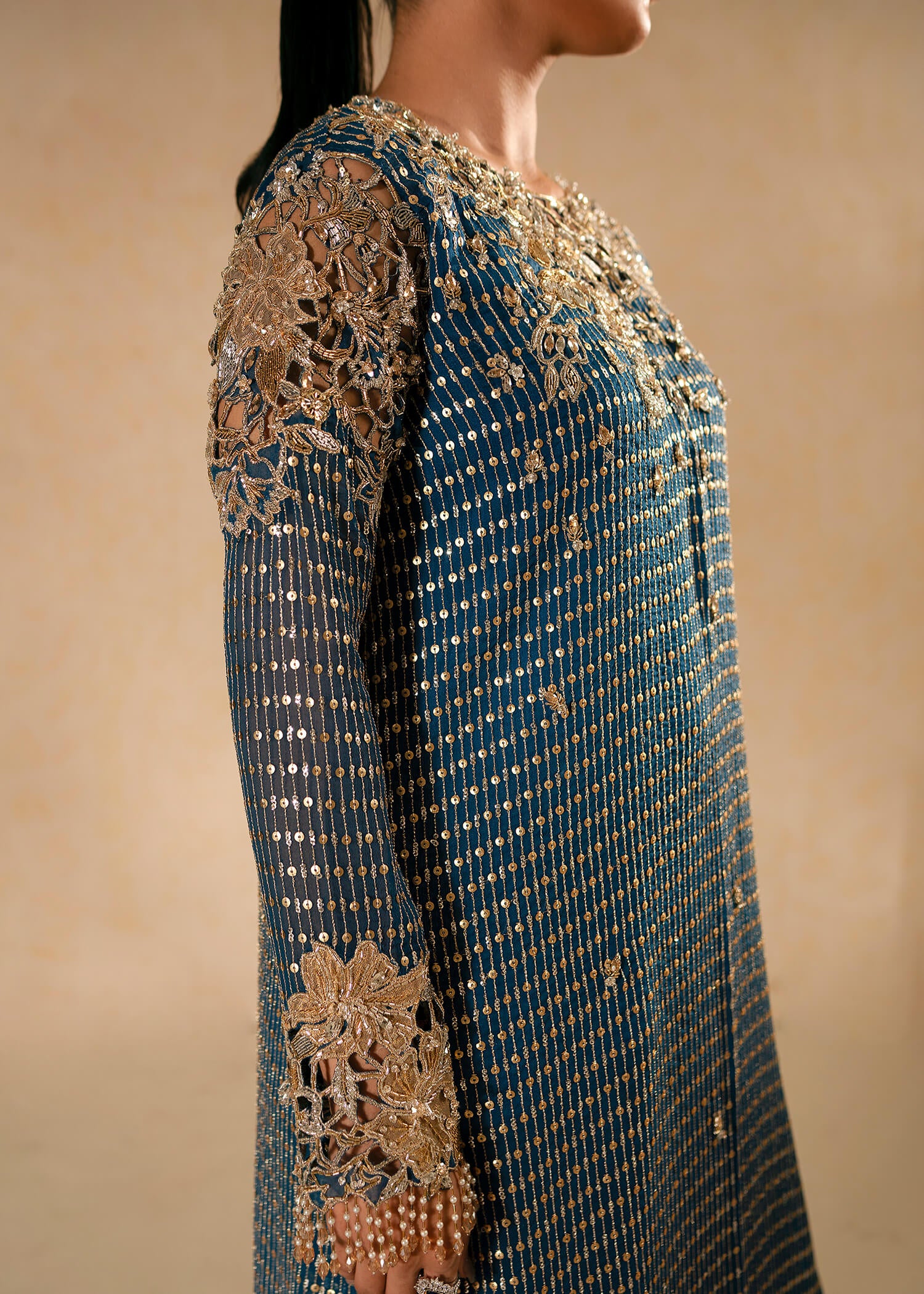 Pakistani Dark Blue Swarovski Embroidered Chiffon Salwar Kameez (2-Piece) - Image 4