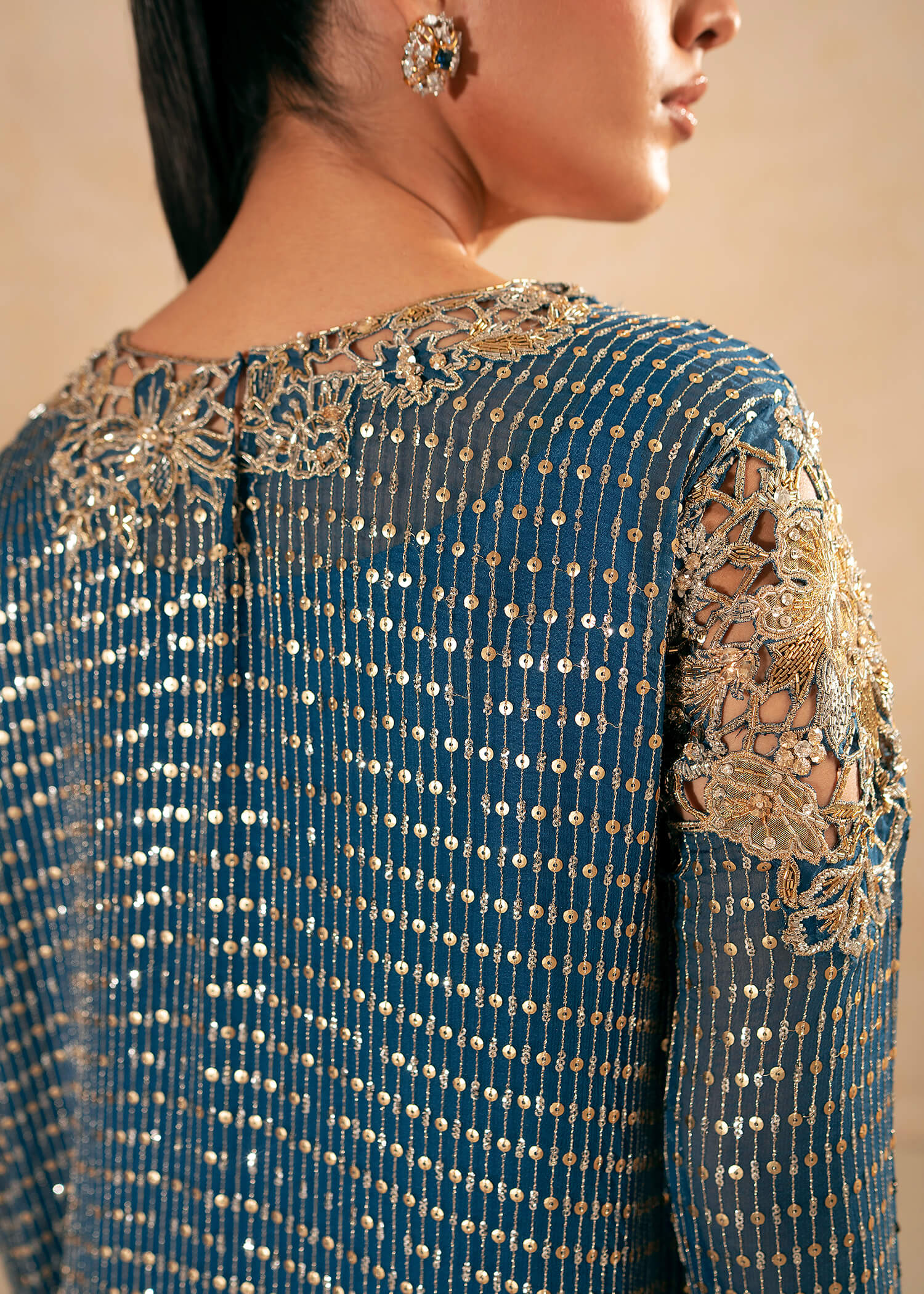 Pakistani Dark Blue Swarovski Embroidered Chiffon Salwar Kameez (2-Piece) - Image 5