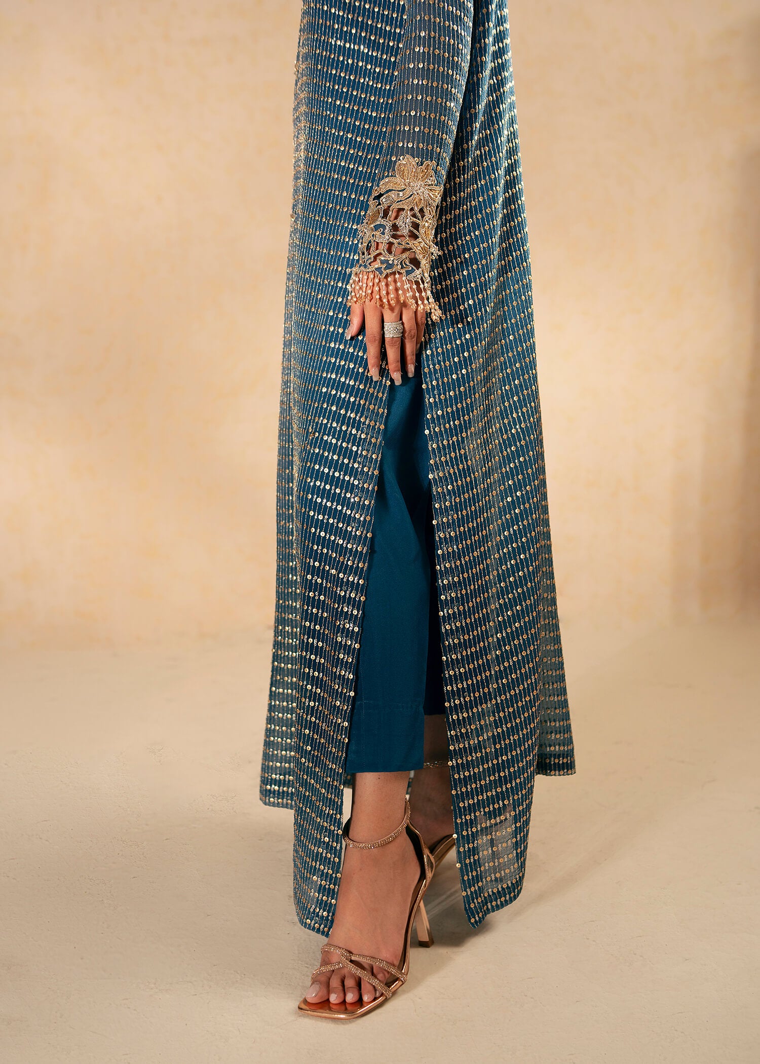 Pakistani Dark Blue Swarovski Embroidered Chiffon Salwar Kameez (2-Piece) - Image 6