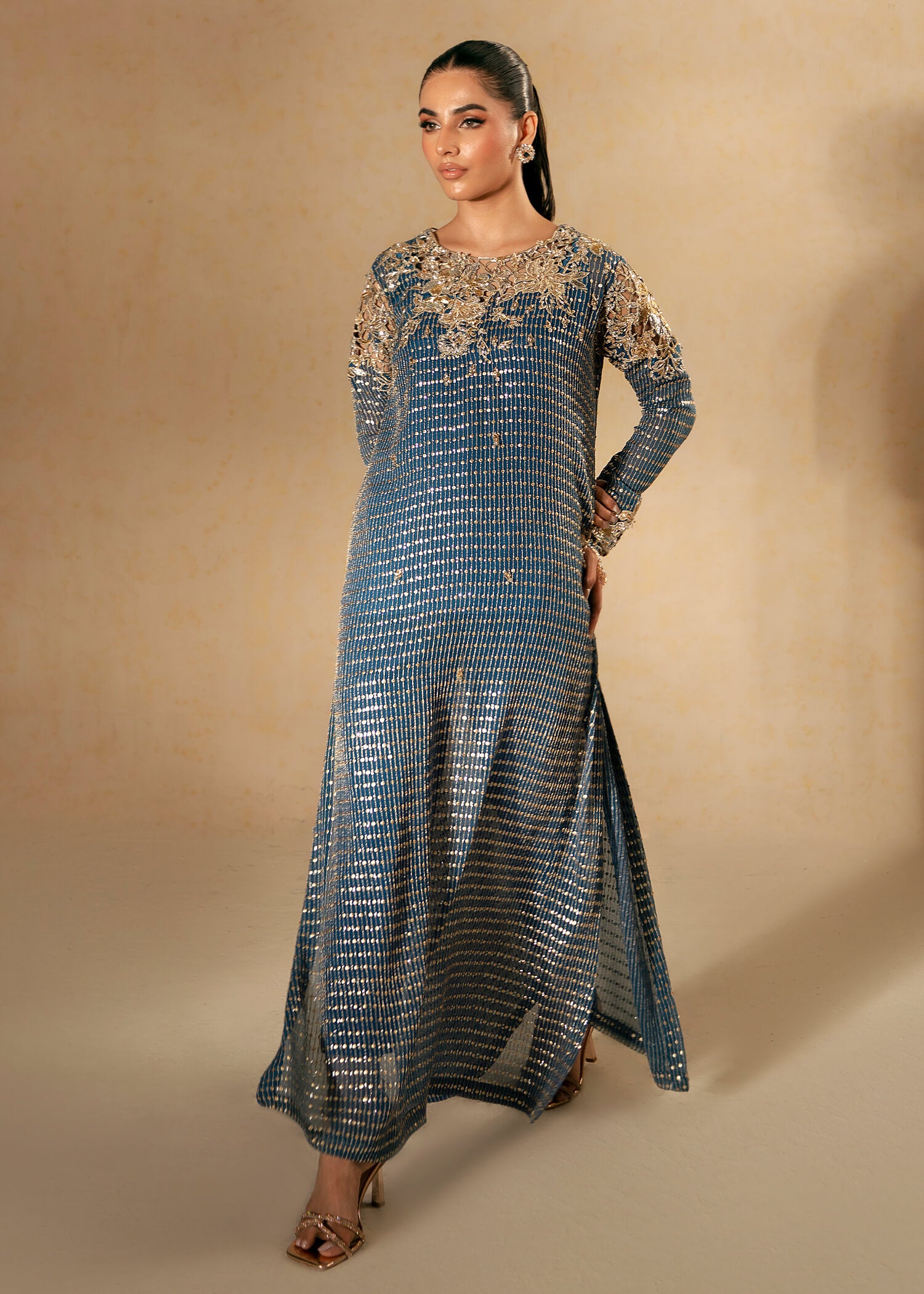 Pakistani Dark Blue Swarovski Embroidered Chiffon Salwar Kameez (2-Piece) - Image 7