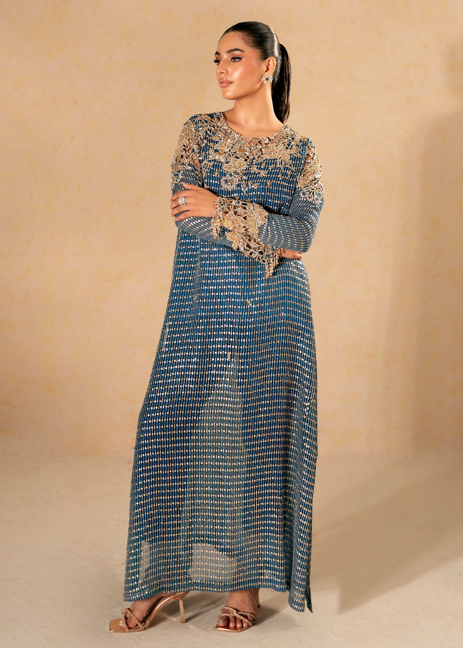 Pakistani Dark Blue Swarovski Embroidered Chiffon Salwar Kameez (2-Piece) - Image 8