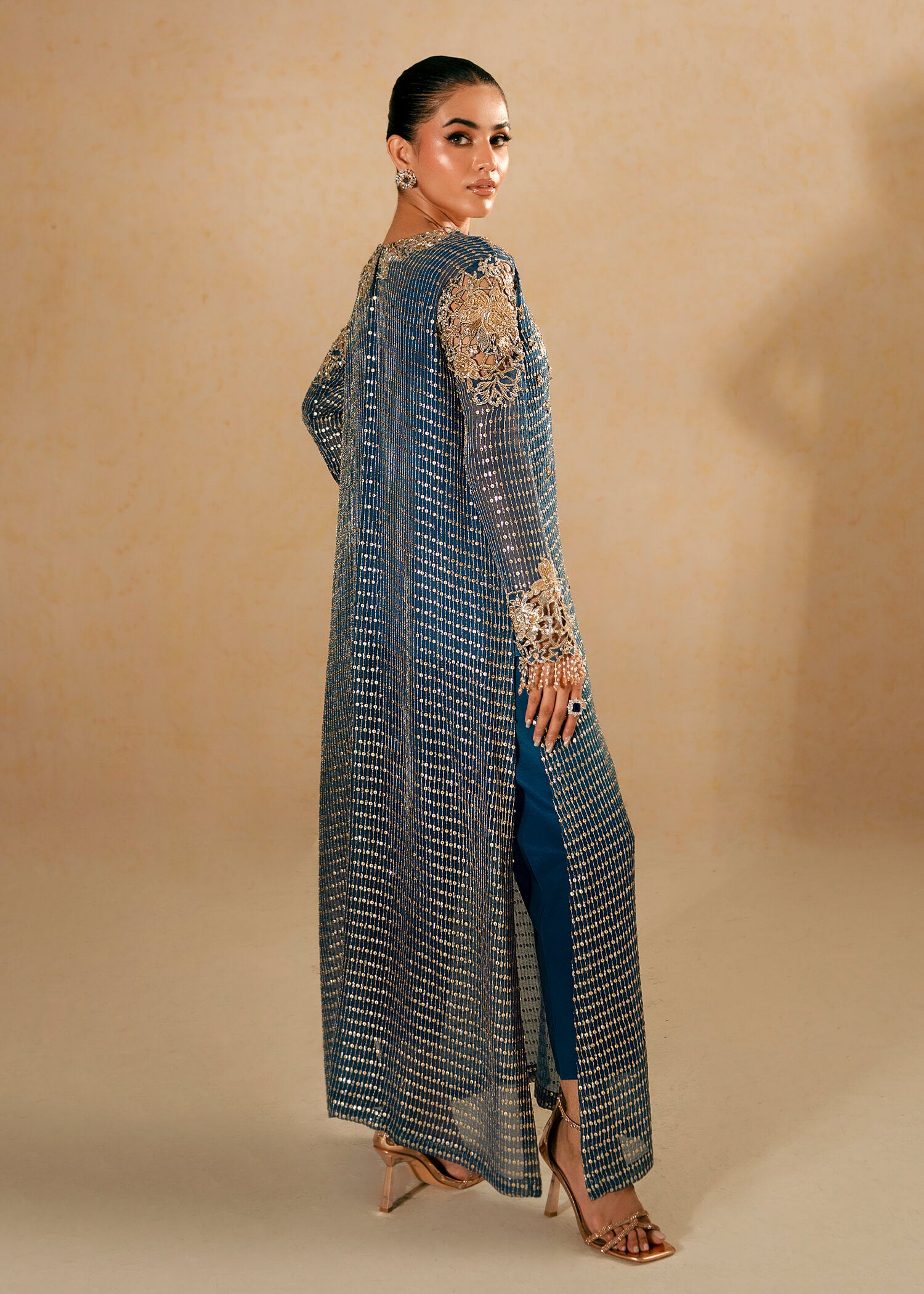 Pakistani Dark Blue Swarovski Embroidered Chiffon Salwar Kameez (2-Piece) - Image 9