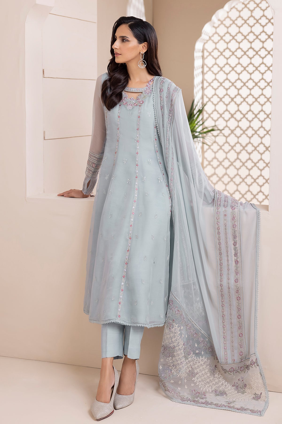 Powder Blue Embroidered Chiffon A-Line Suit (3-Piece) - Image 1