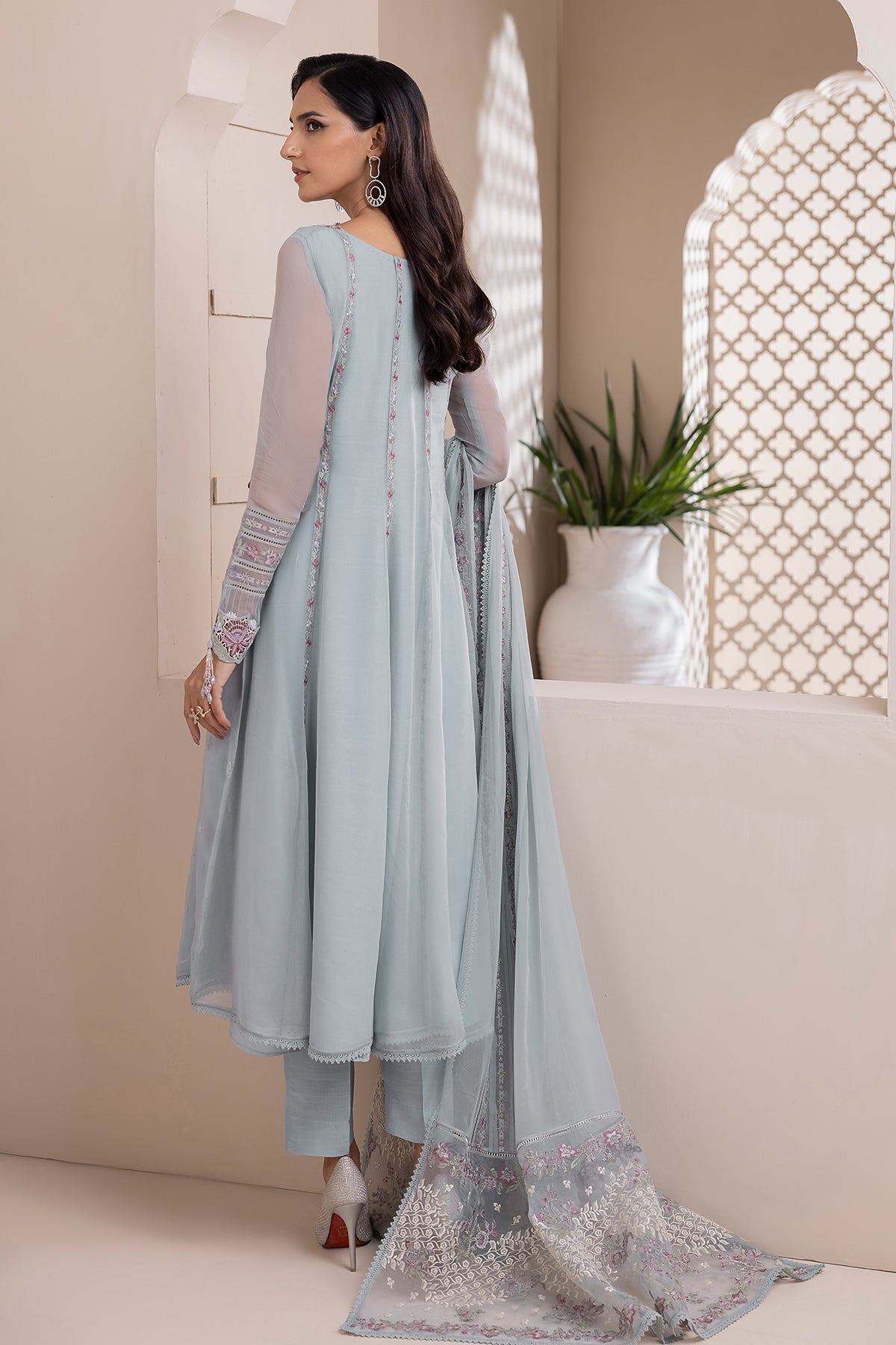 Powder Blue Embroidered Chiffon A-Line Suit (3-Piece) - Image 2