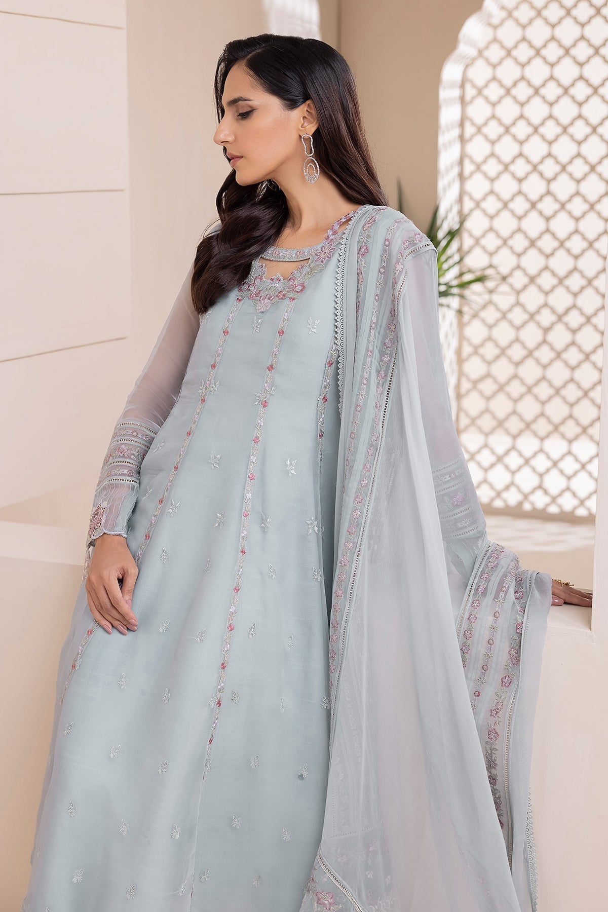Powder Blue Embroidered Chiffon A-Line Suit (3-Piece) - Image 4