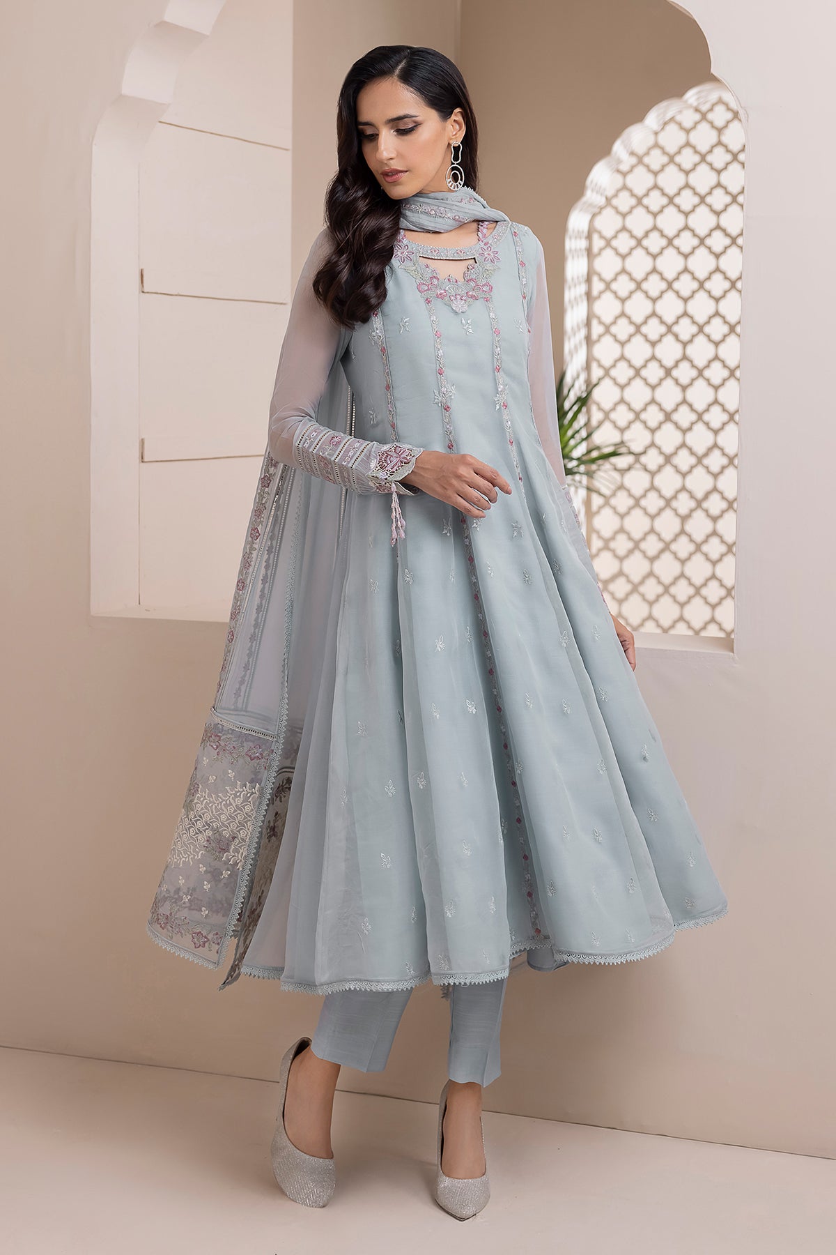 Powder Blue Embroidered Chiffon A-Line Suit (3-Piece) - Image 5