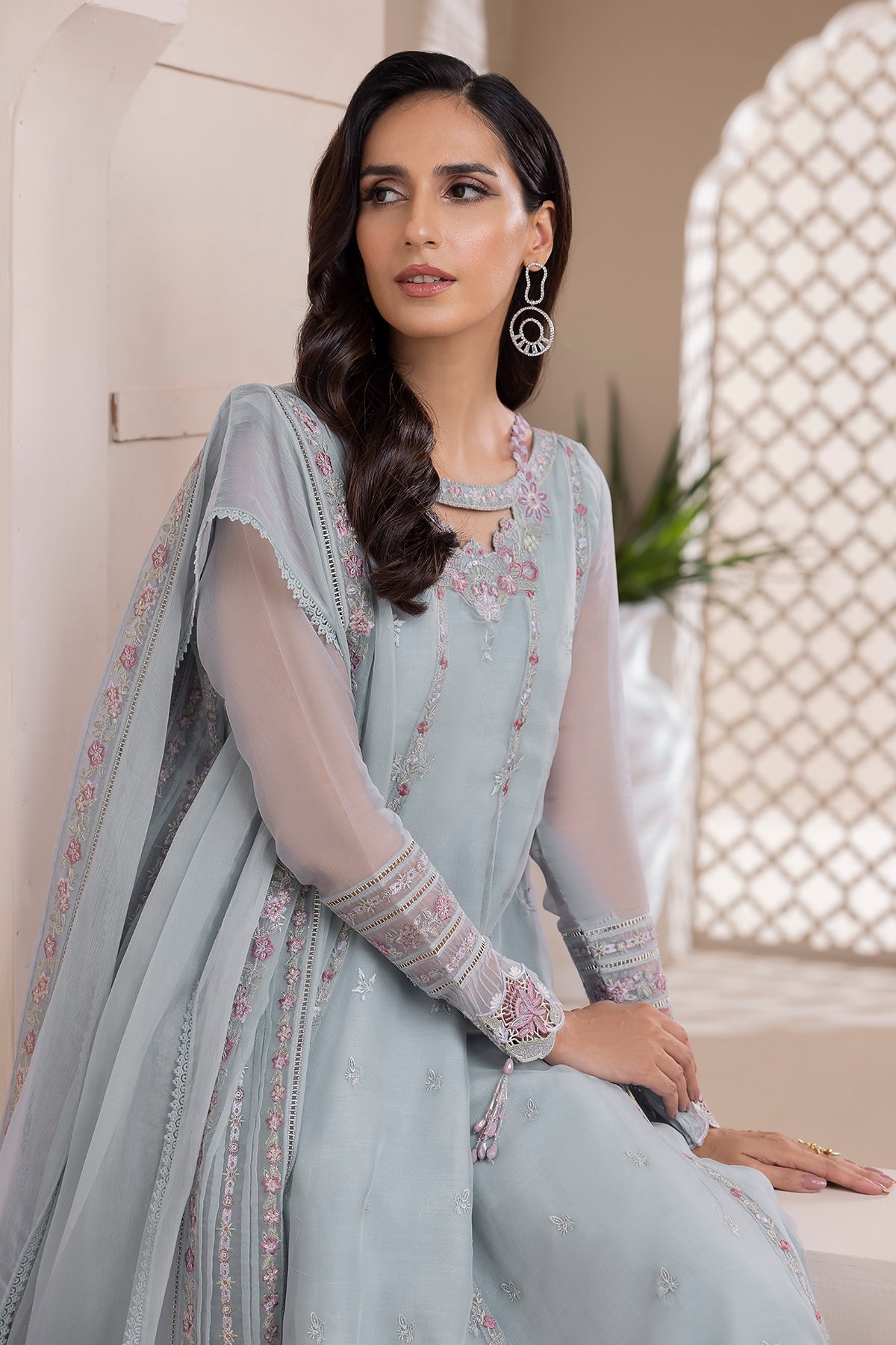 Powder Blue Embroidered Chiffon A-Line Suit (3-Piece) - Image 6