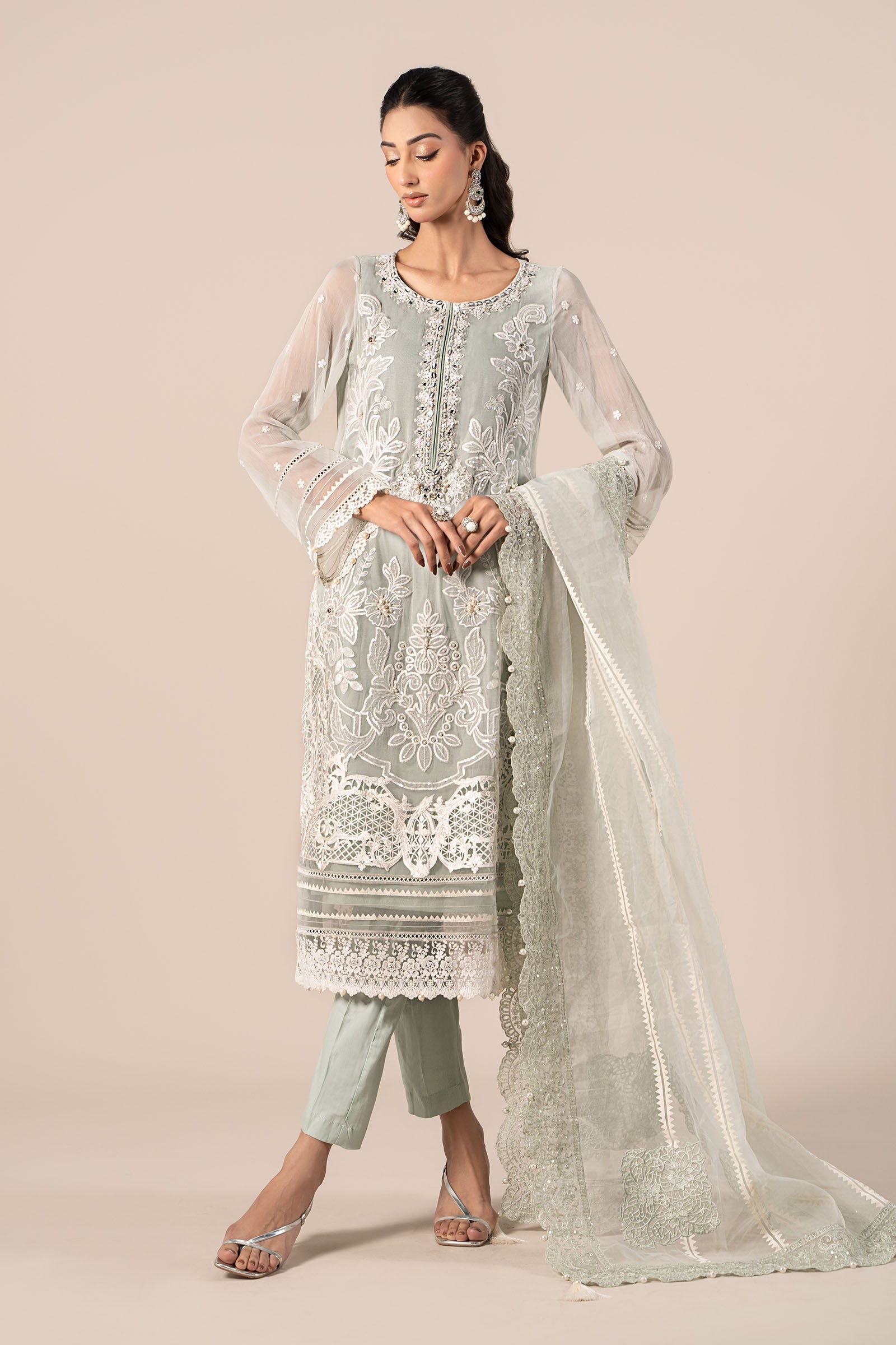 Ice Blue Embroidered Chiffon Straight-Cut Suit (3-Piece) - Image 1
