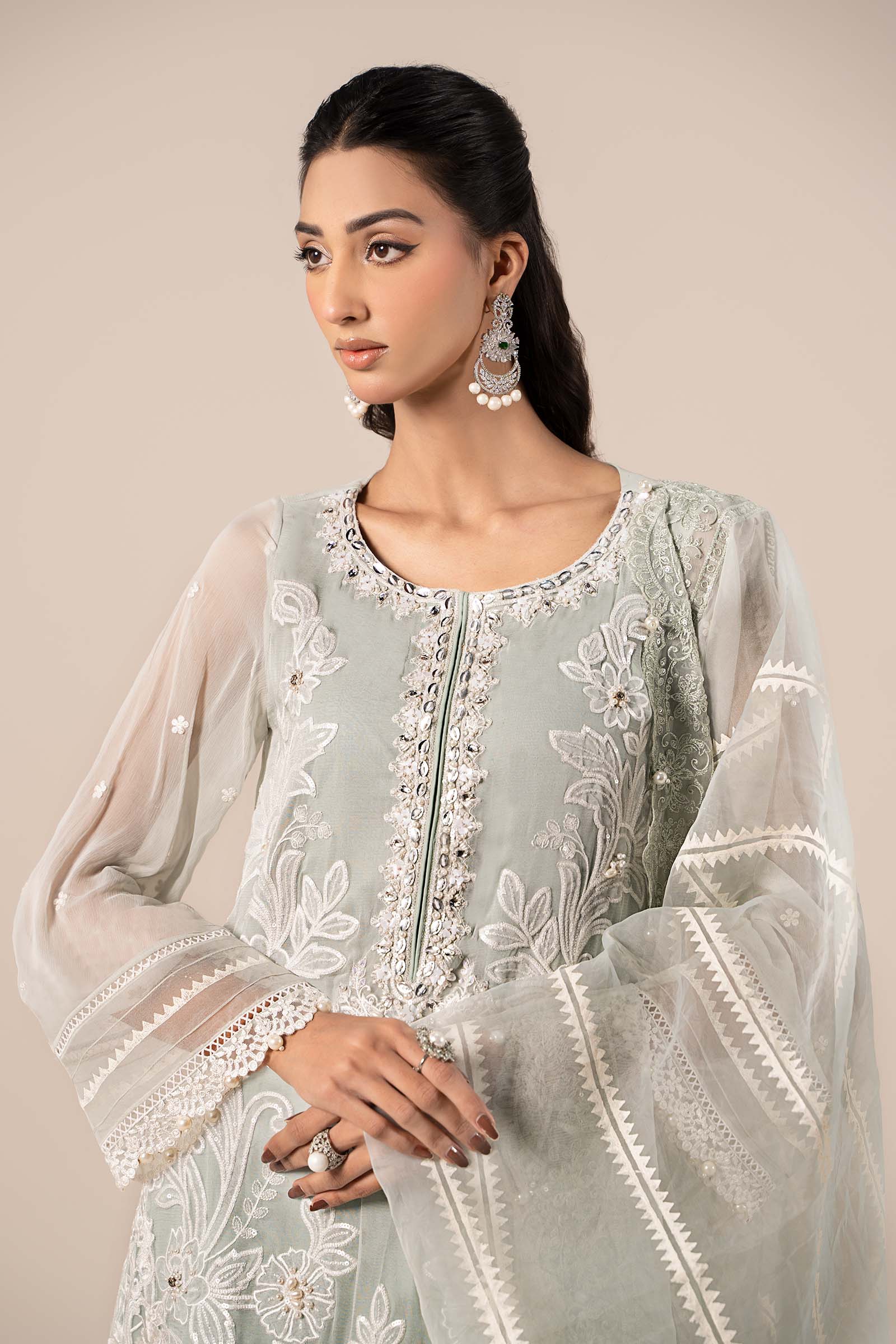 Ice Blue Embroidered Chiffon Straight-Cut Suit (3-Piece) - Image 2