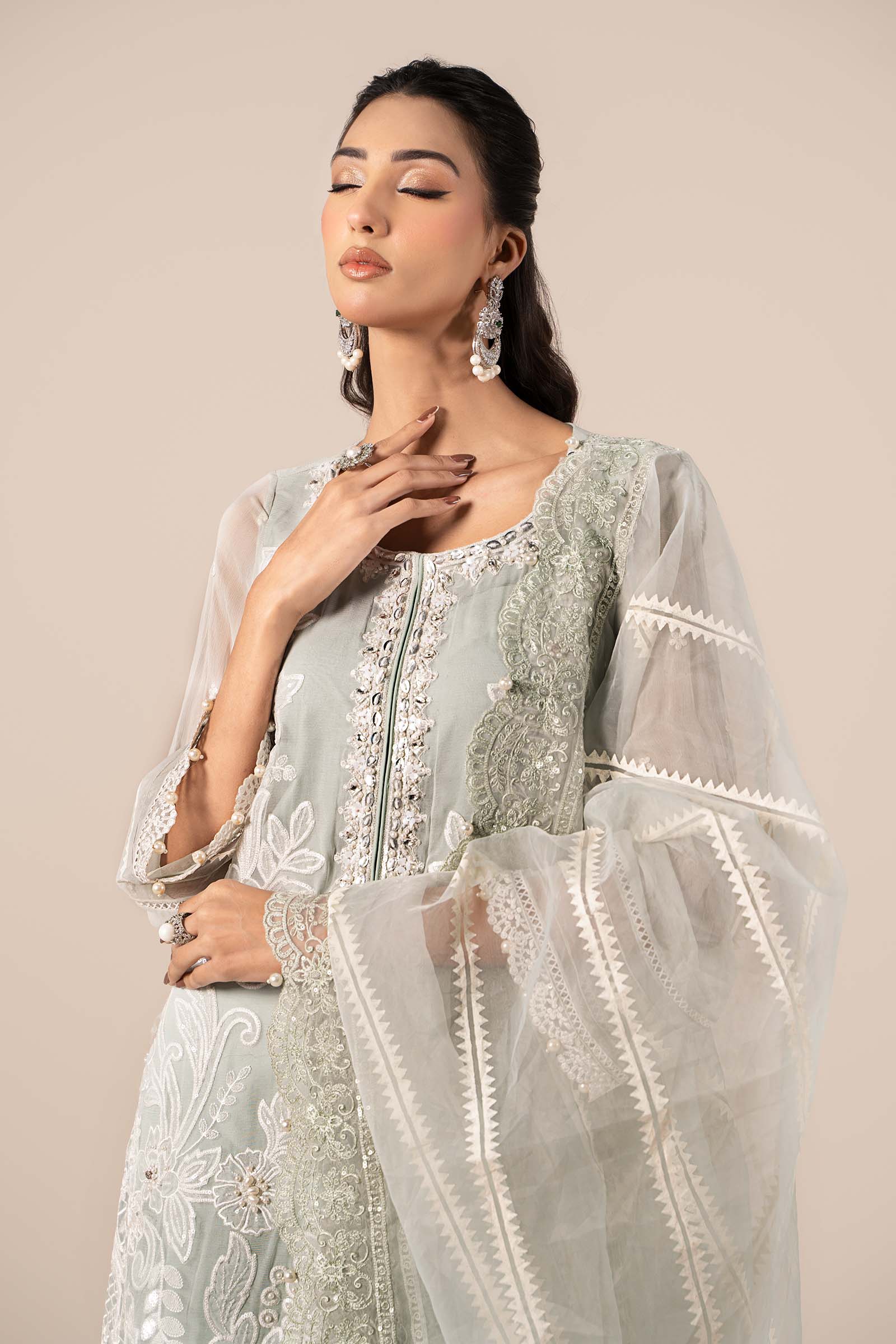 Ice Blue Embroidered Chiffon Straight-Cut Suit (3-Piece) - Image 3