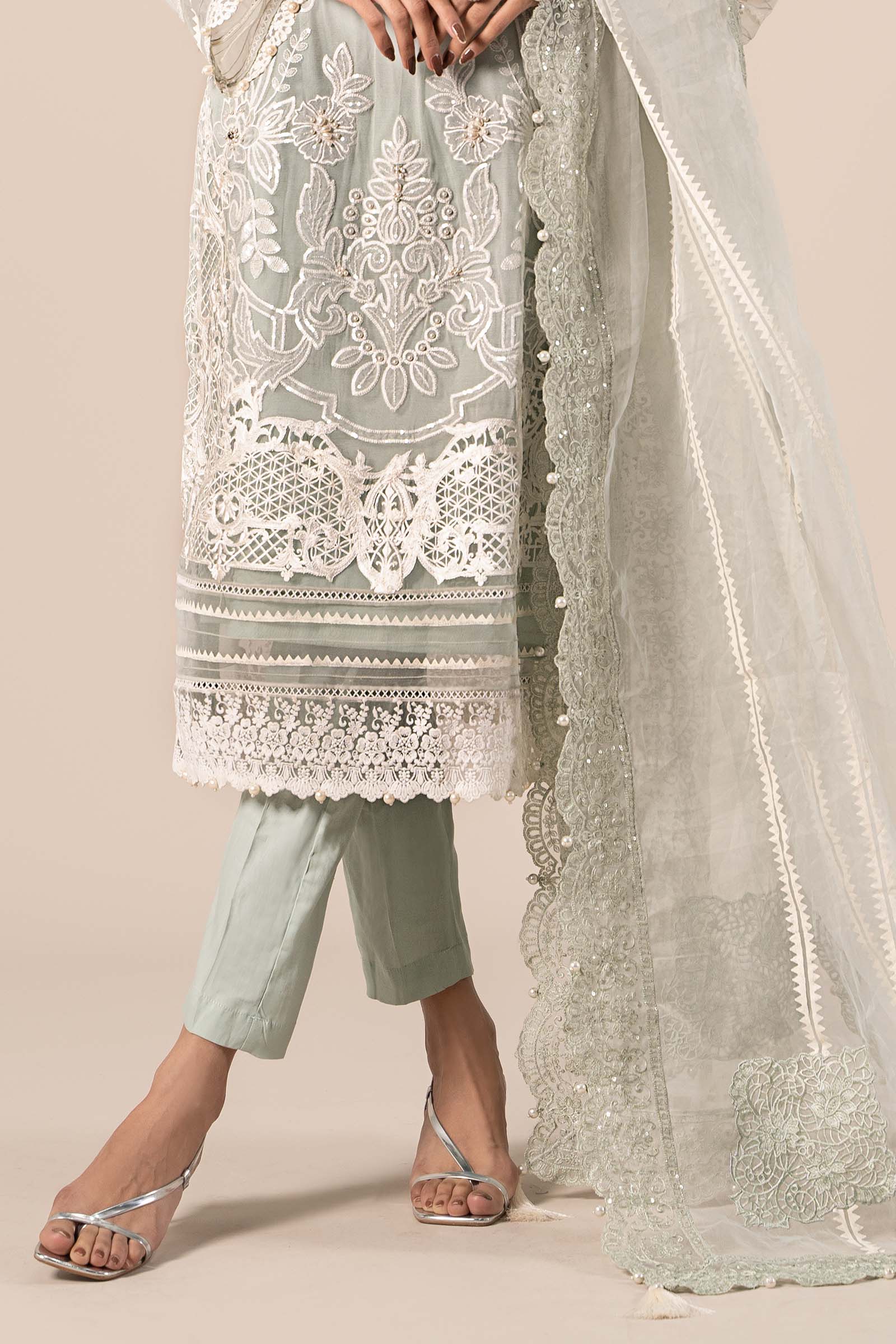 Ice Blue Embroidered Chiffon Straight-Cut Suit (3-Piece) - Image 4