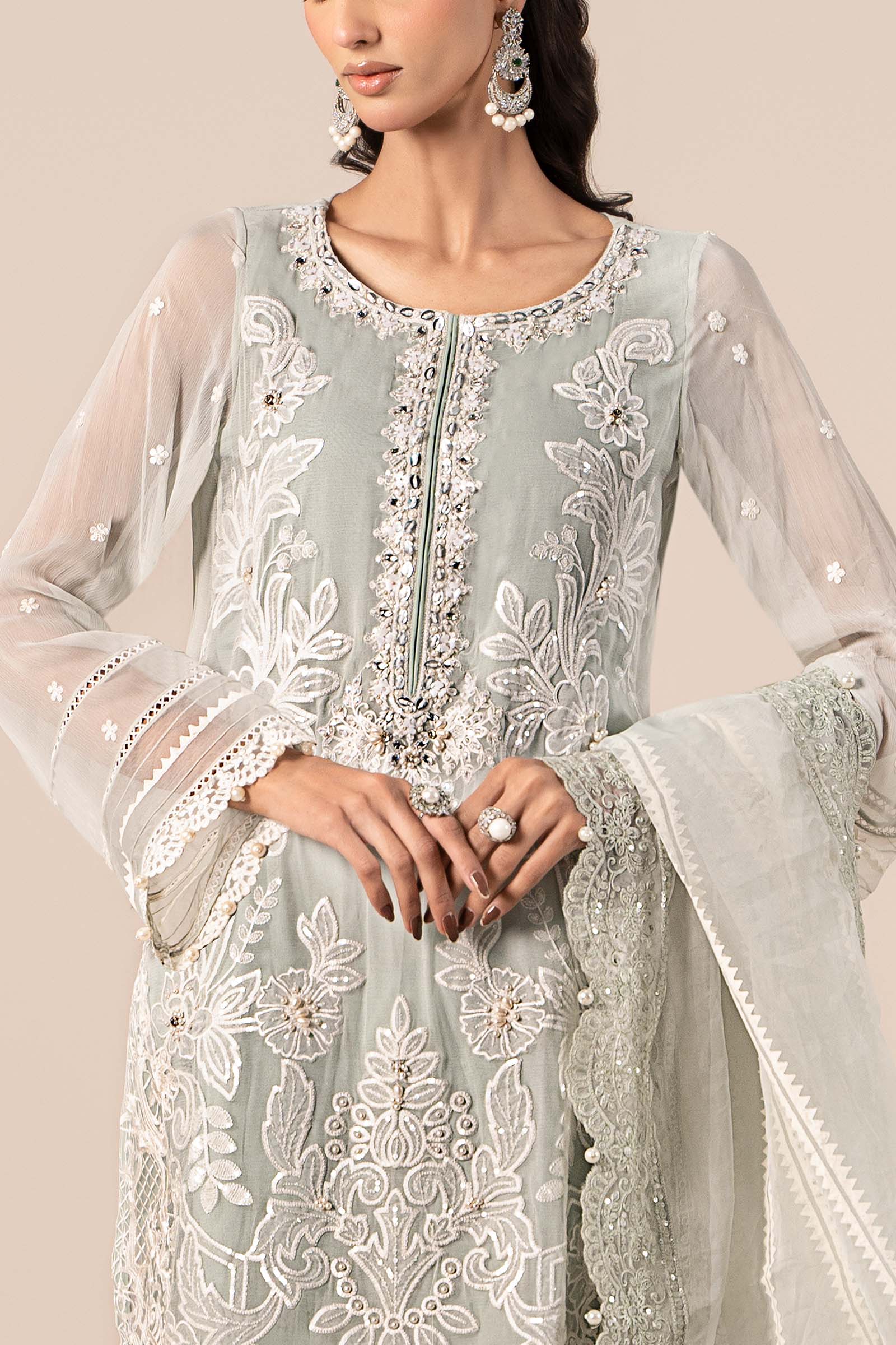 Ice Blue Embroidered Chiffon Straight-Cut Suit (3-Piece) - Image 5