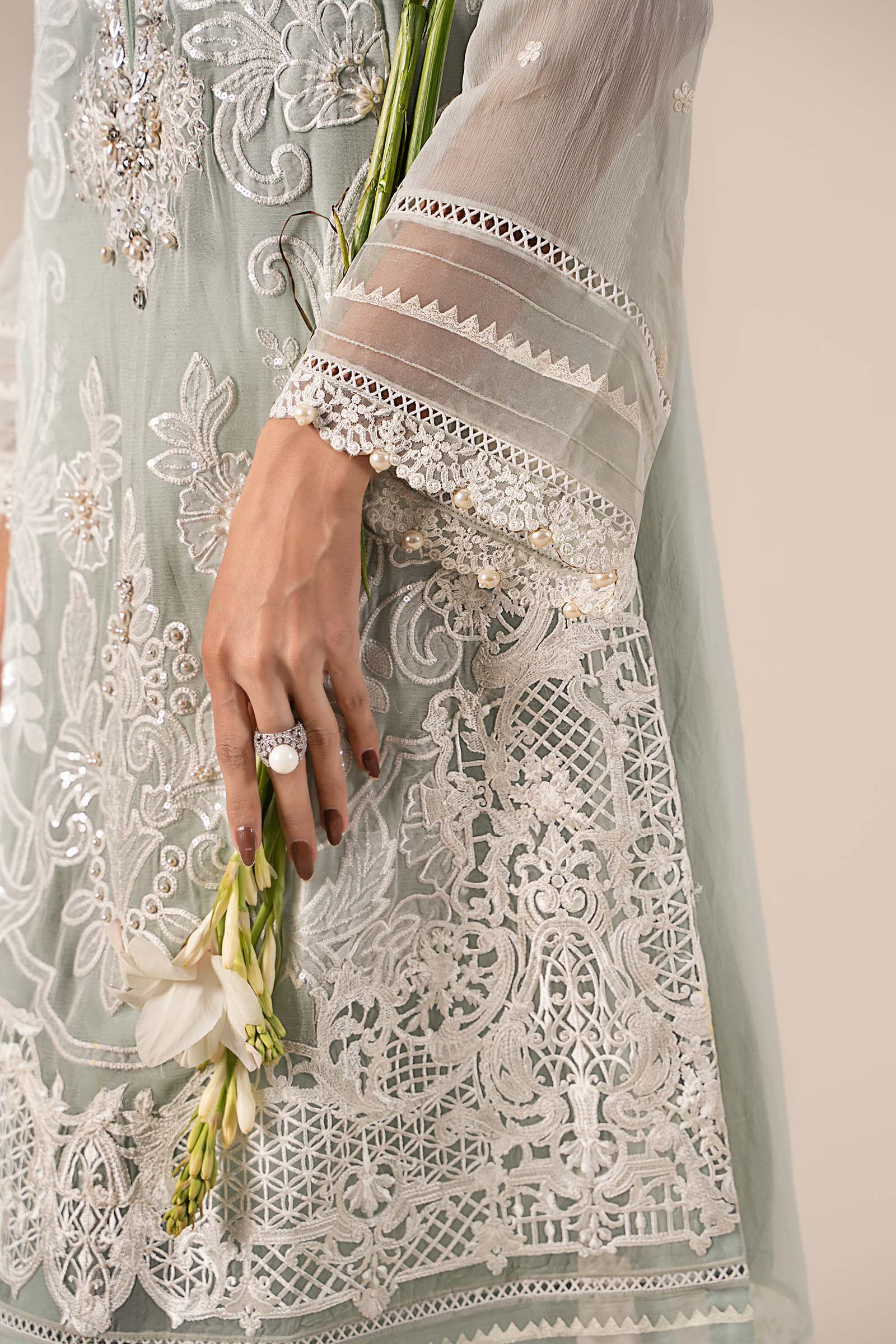 Ice Blue Embroidered Chiffon Straight-Cut Suit (3-Piece) - Image 6