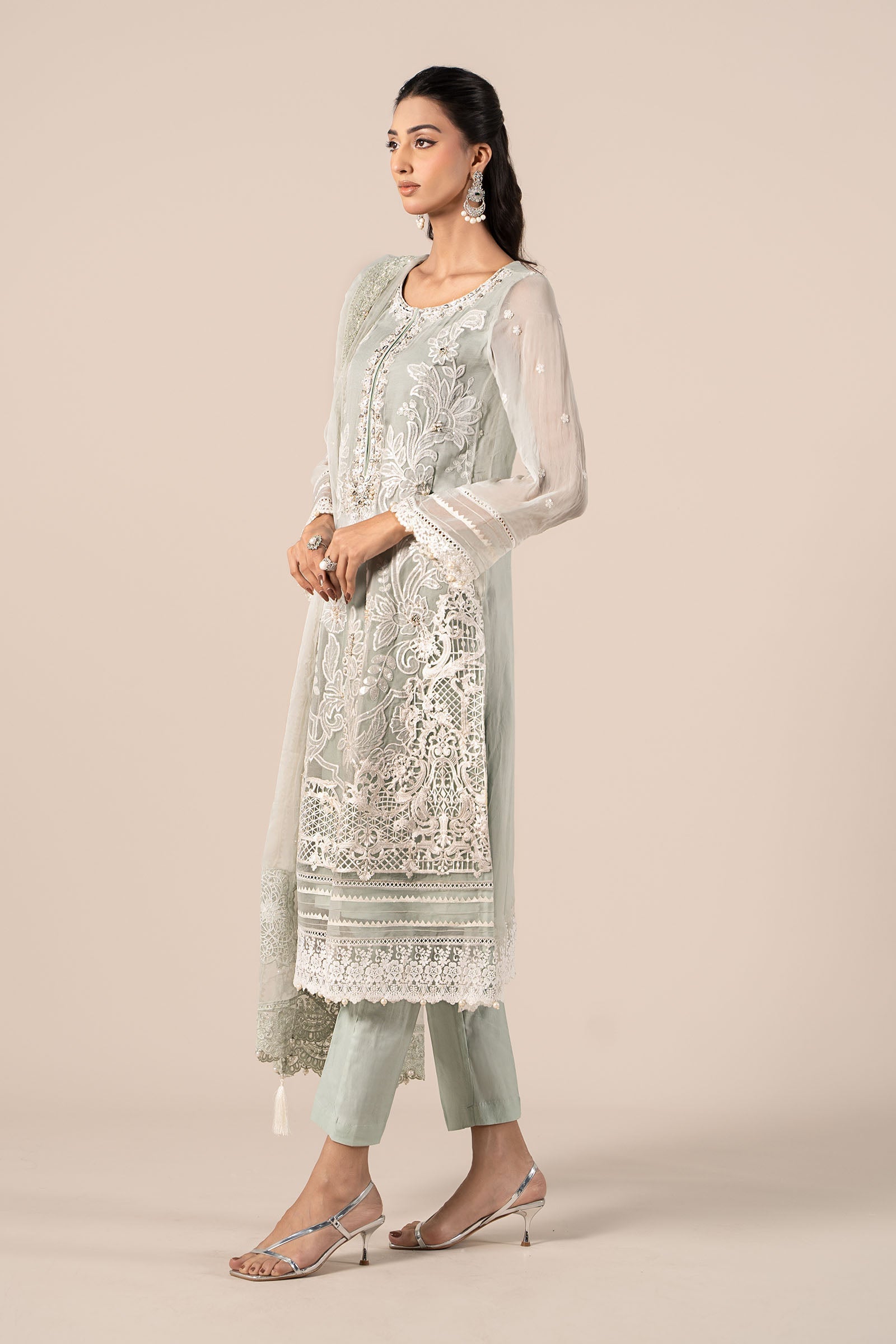 Ice Blue Embroidered Chiffon Straight-Cut Suit (3-Piece) - Image 7