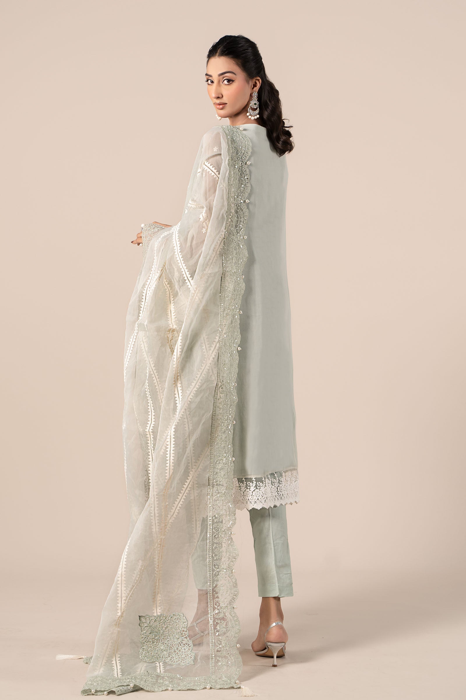 Ice Blue Embroidered Chiffon Straight-Cut Suit (3-Piece) - Image 8