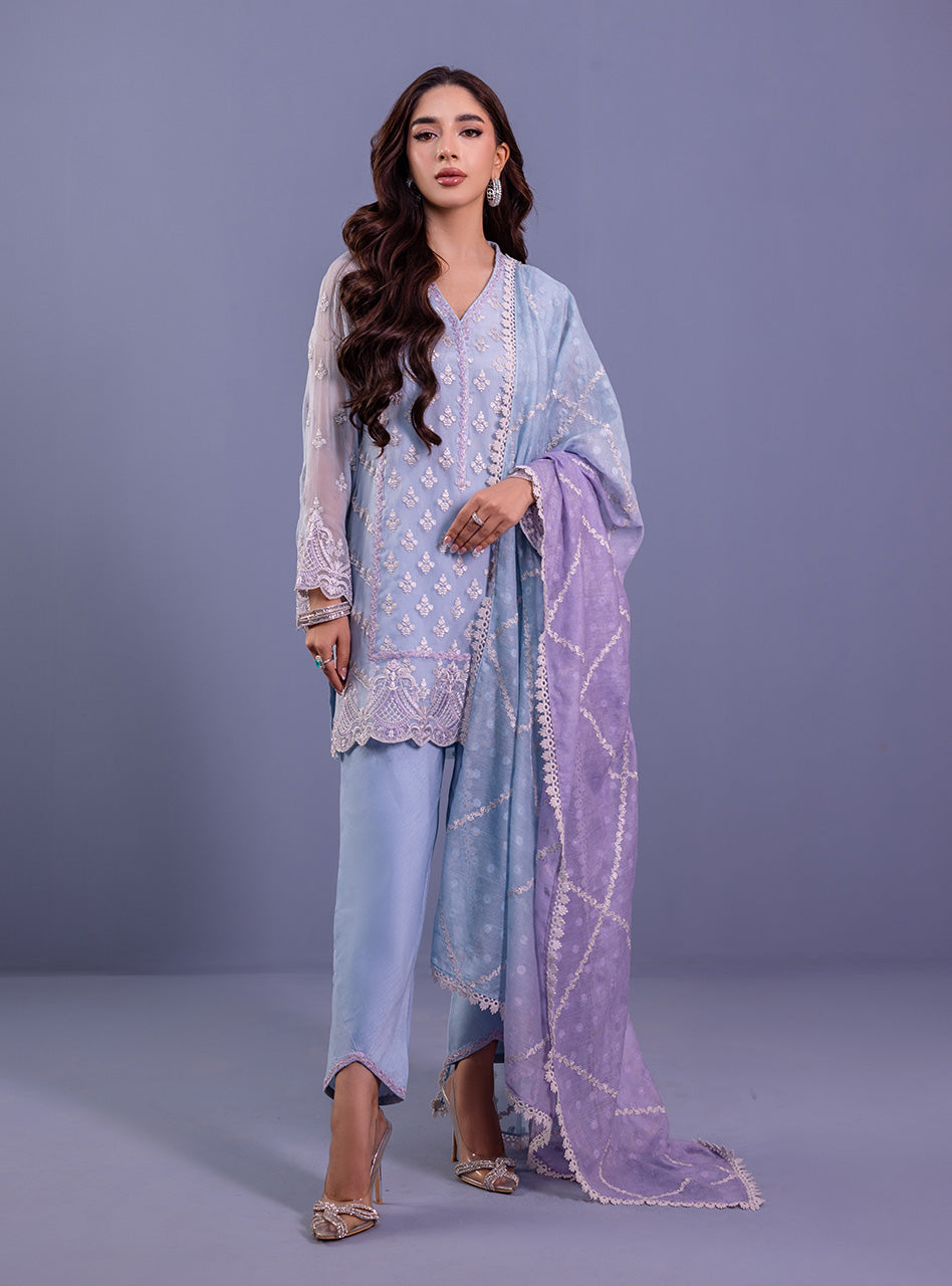 Pakistani Ice Blue & Lilac Embroidered Chiffon Salwar Kameez (3-Piece) - Image 1