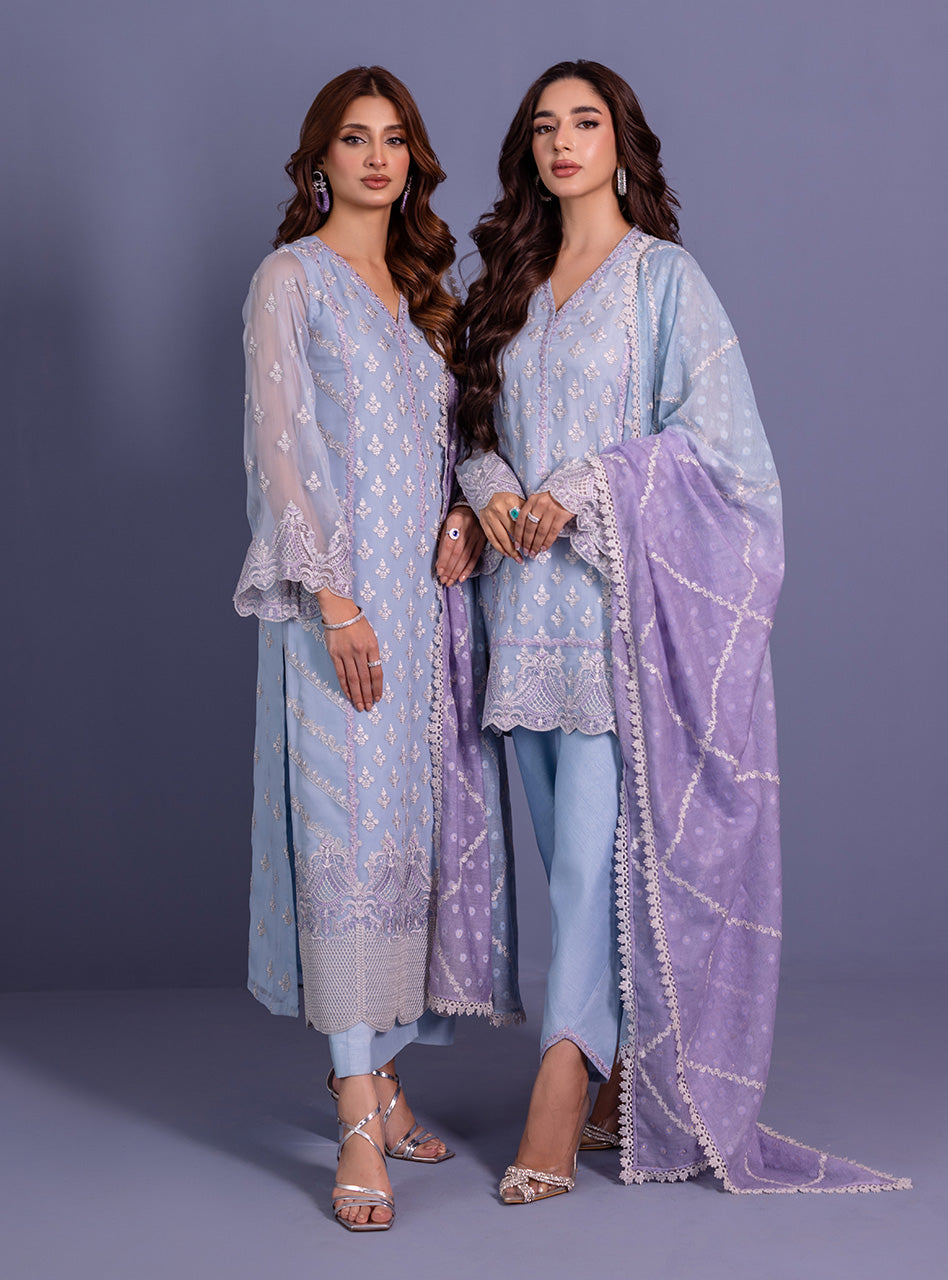 Pakistani Ice Blue & Lilac Embroidered Chiffon Salwar Kameez (3-Piece) - Image 2