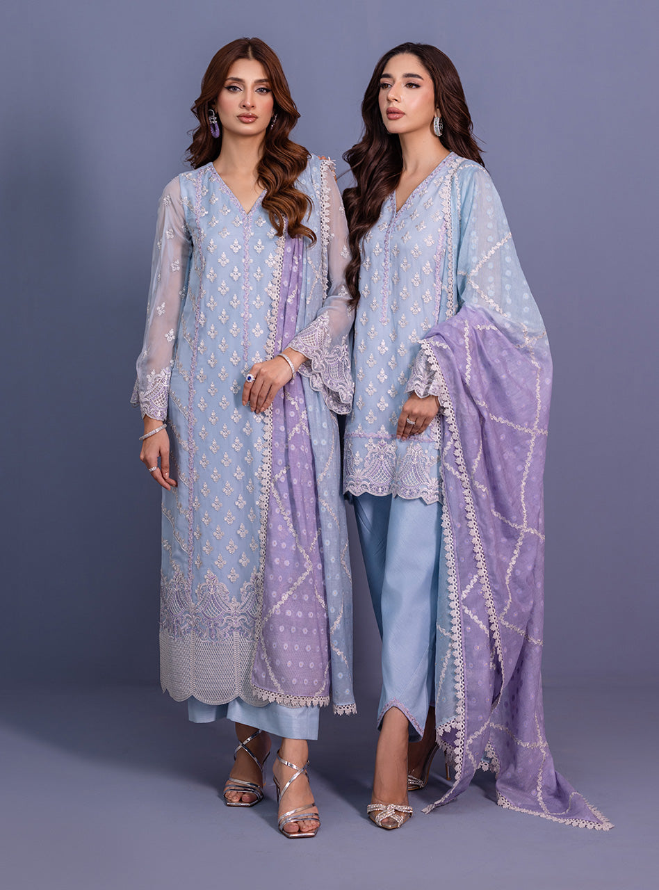 Pakistani Ice Blue & Lilac Embroidered Chiffon Salwar Kameez (3-Piece) - Image 3