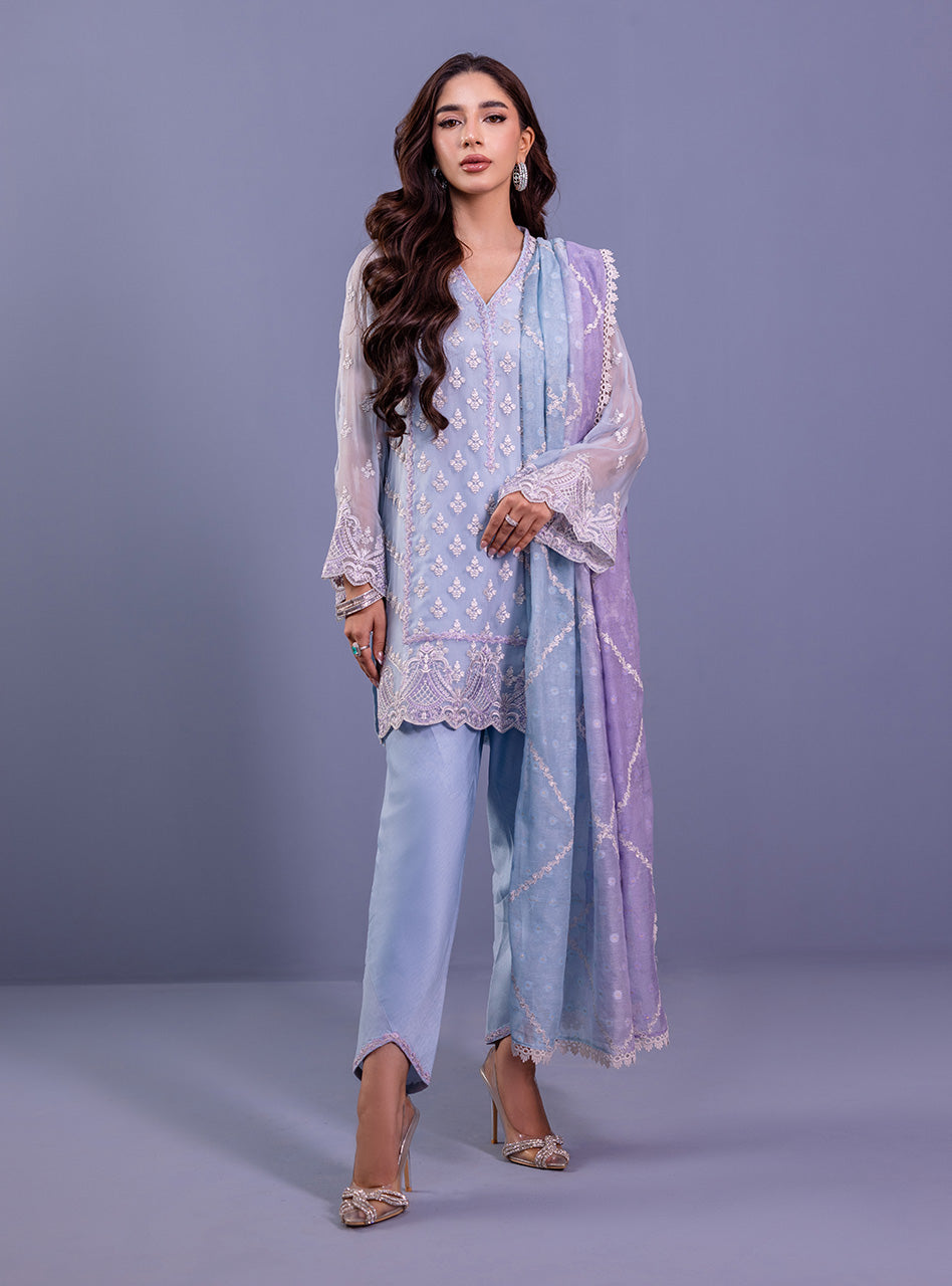 Pakistani Ice Blue & Lilac Embroidered Chiffon Salwar Kameez (3-Piece) - Image 4