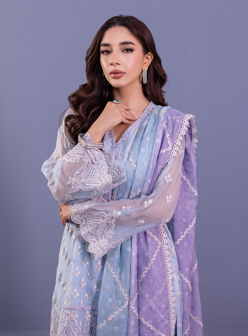 Pakistani Ice Blue & Lilac Embroidered Chiffon Salwar Kameez (3-Piece) - Image 7