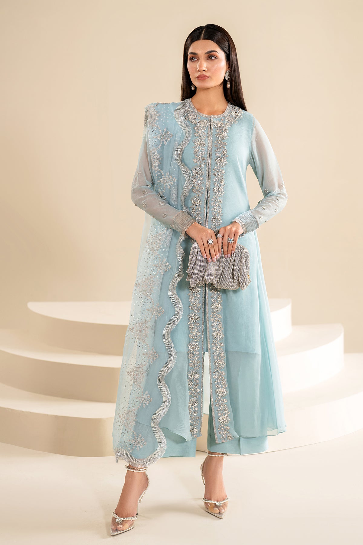 Pakistani Sky Blue Embroidered Chiffon Salwar Kameez (3-Piece) - Image 1