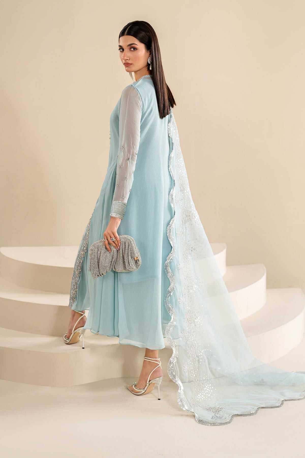 Pakistani Sky Blue Embroidered Chiffon Salwar Kameez (3-Piece) - Image 2