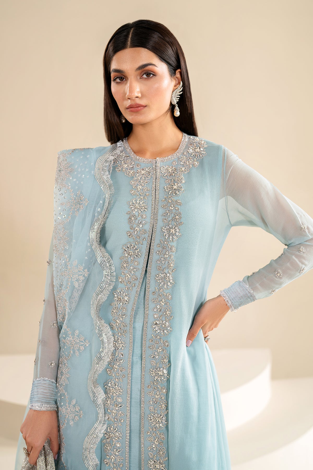 Pakistani Sky Blue Embroidered Chiffon Salwar Kameez (3-Piece) - Image 3