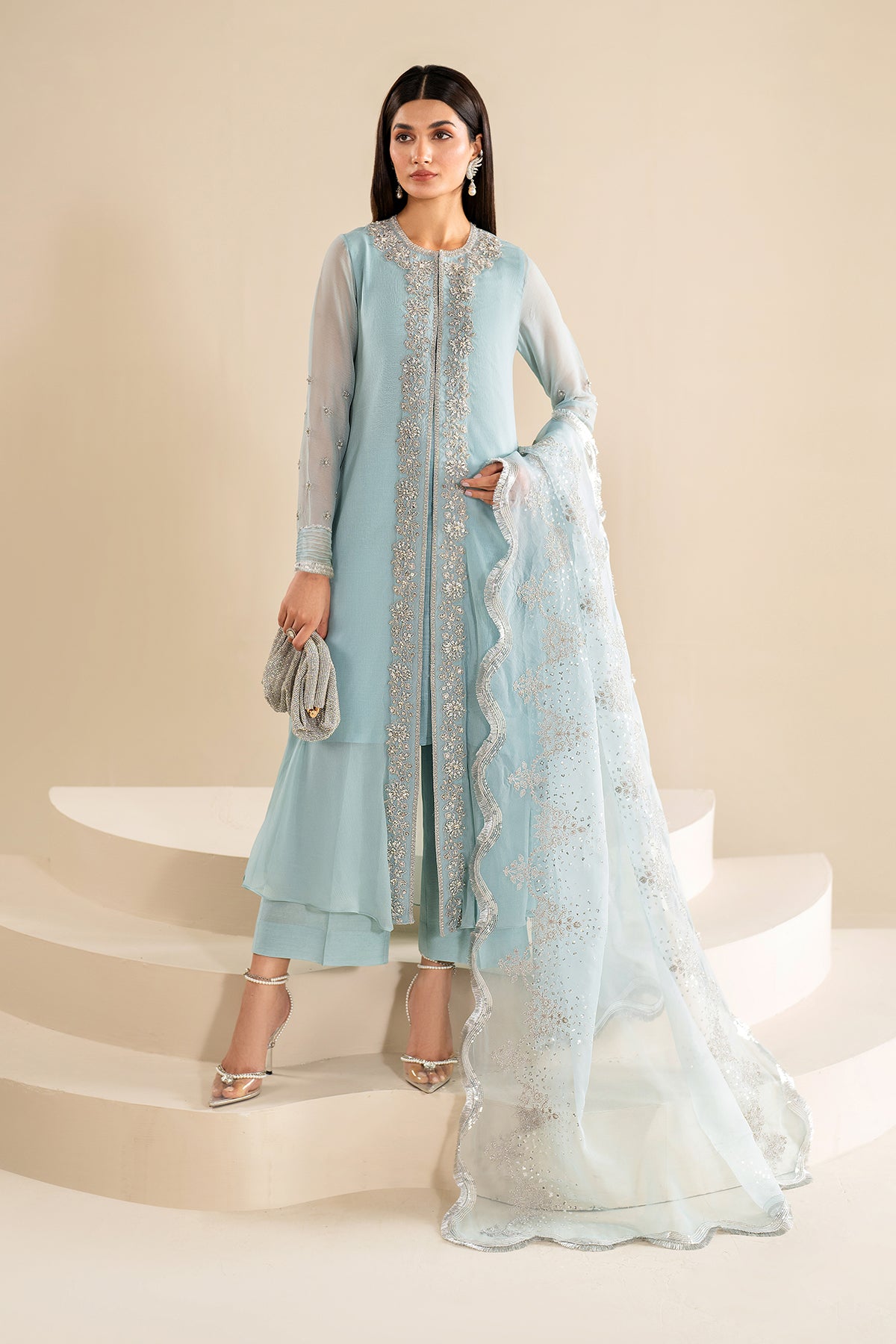 Pakistani Sky Blue Embroidered Chiffon Salwar Kameez (3-Piece) - Image 4