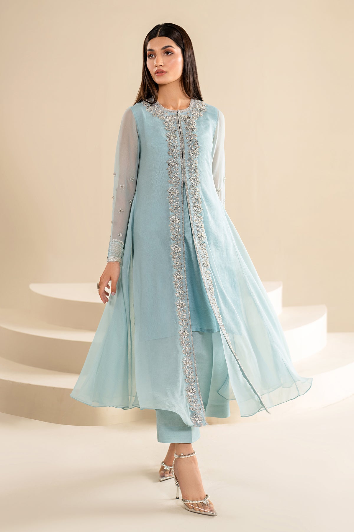 Pakistani Sky Blue Embroidered Chiffon Salwar Kameez (3-Piece) - Image 5