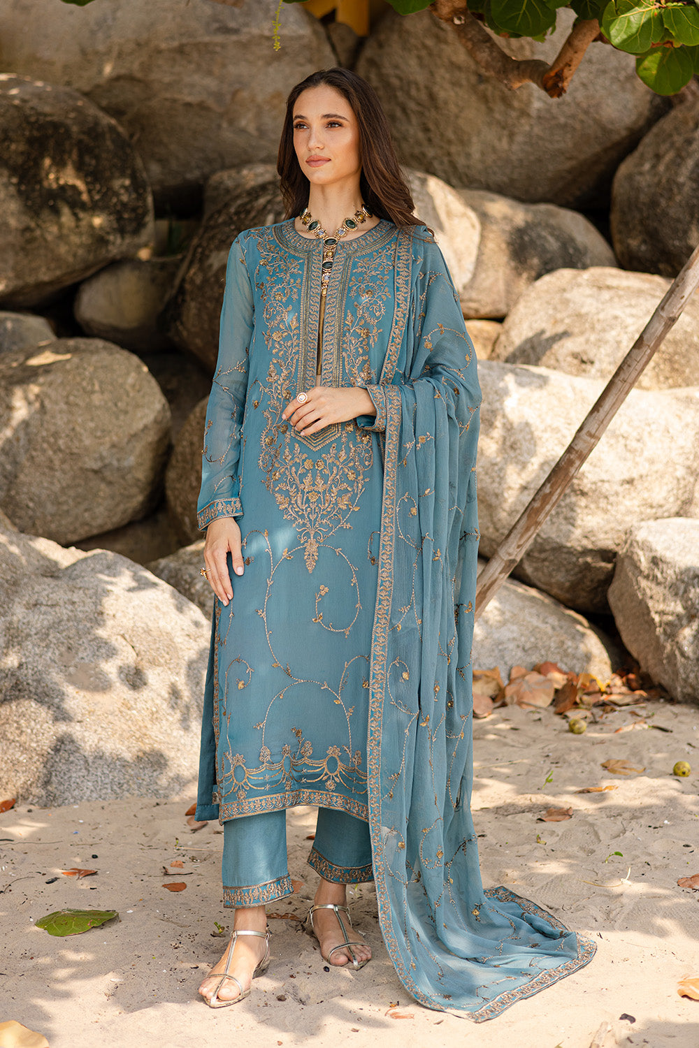 Pakistani Grey Blue Embroidered Chiffon & Organza Suit (3-Piece) - Image 1