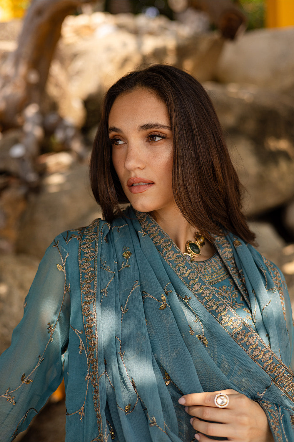 Pakistani Grey Blue Embroidered Chiffon & Organza Suit (3-Piece) - Image 2