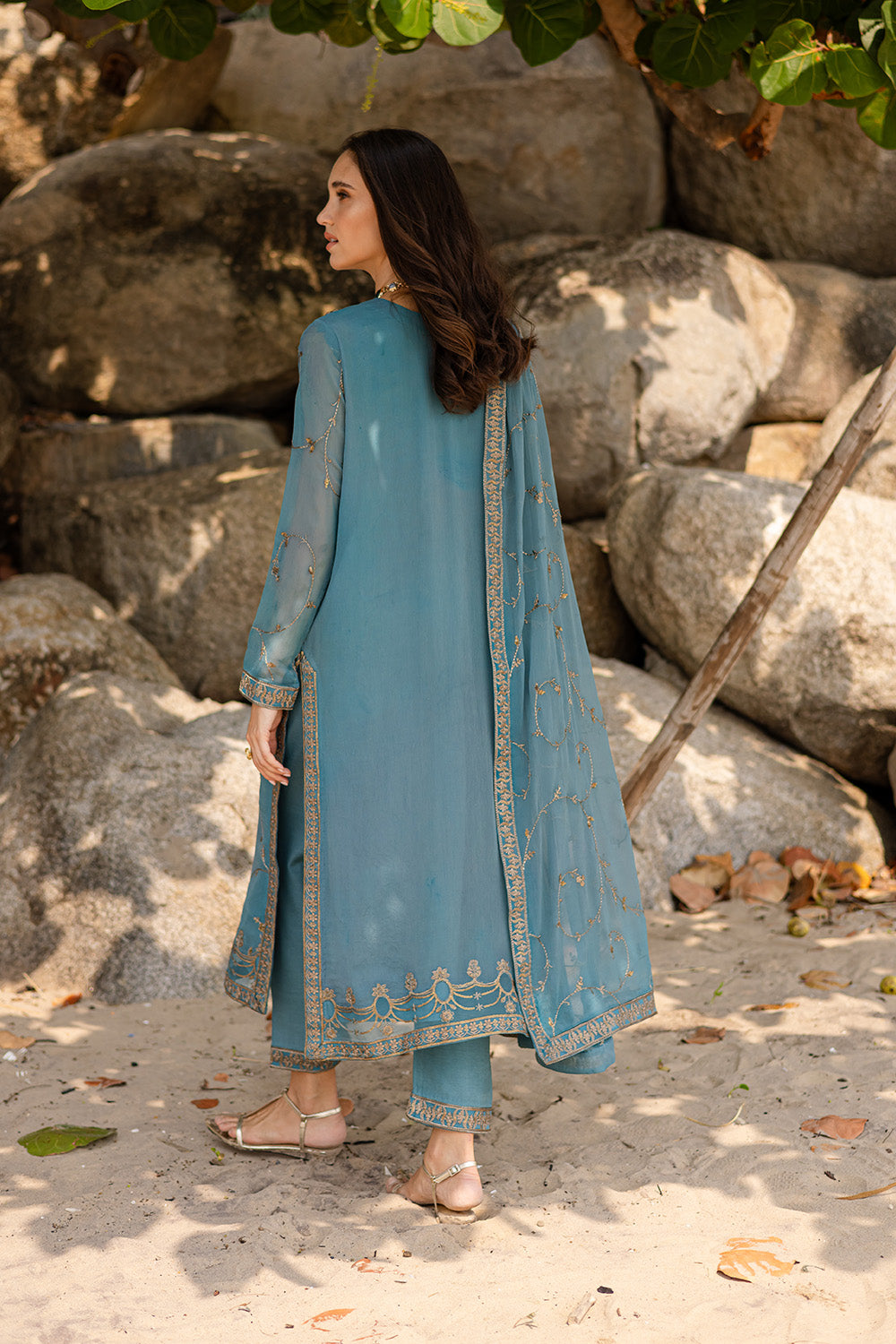 Pakistani Grey Blue Embroidered Chiffon & Organza Suit (3-Piece) - Image 3