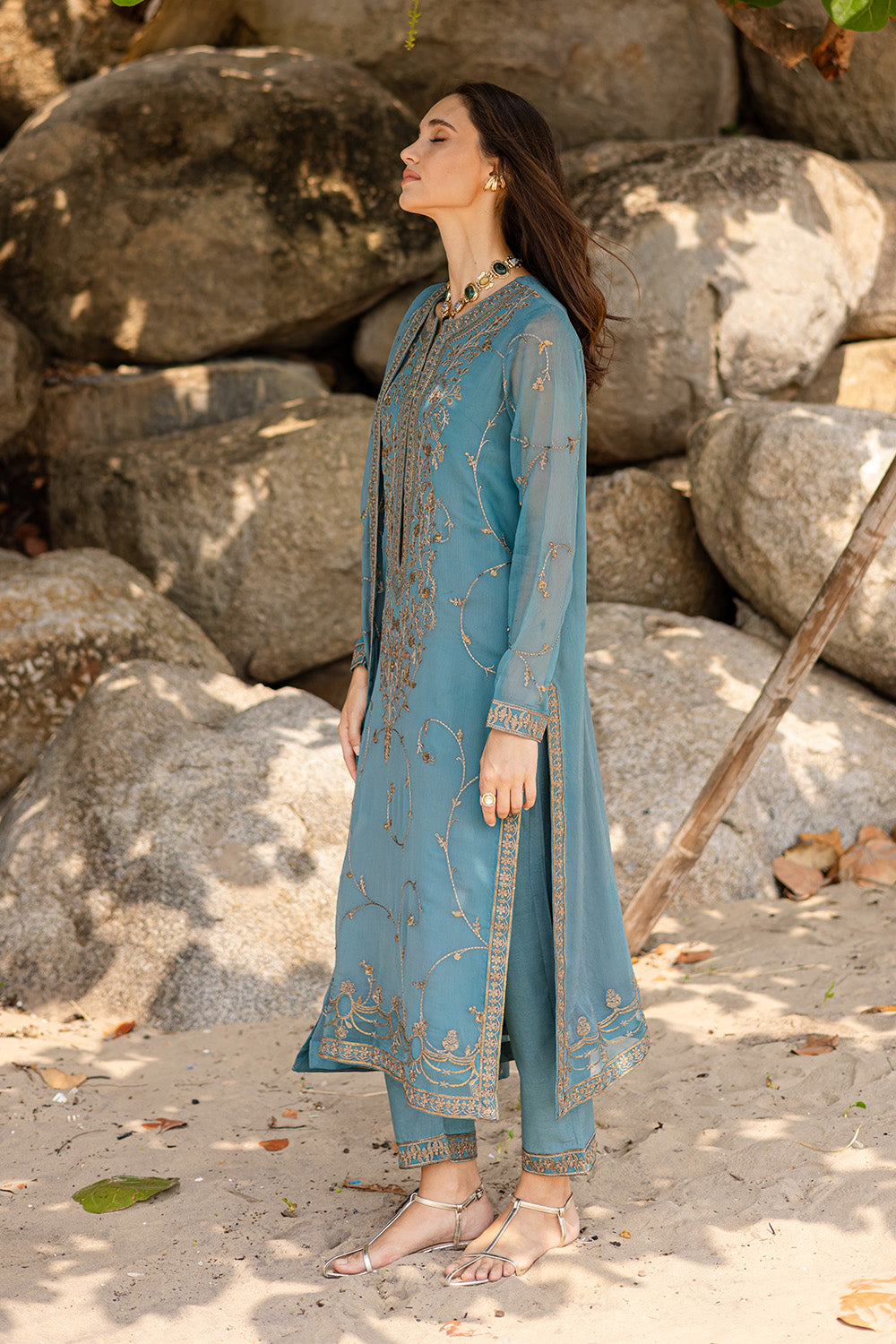 Pakistani Grey Blue Embroidered Chiffon & Organza Suit (3-Piece) - Image 4