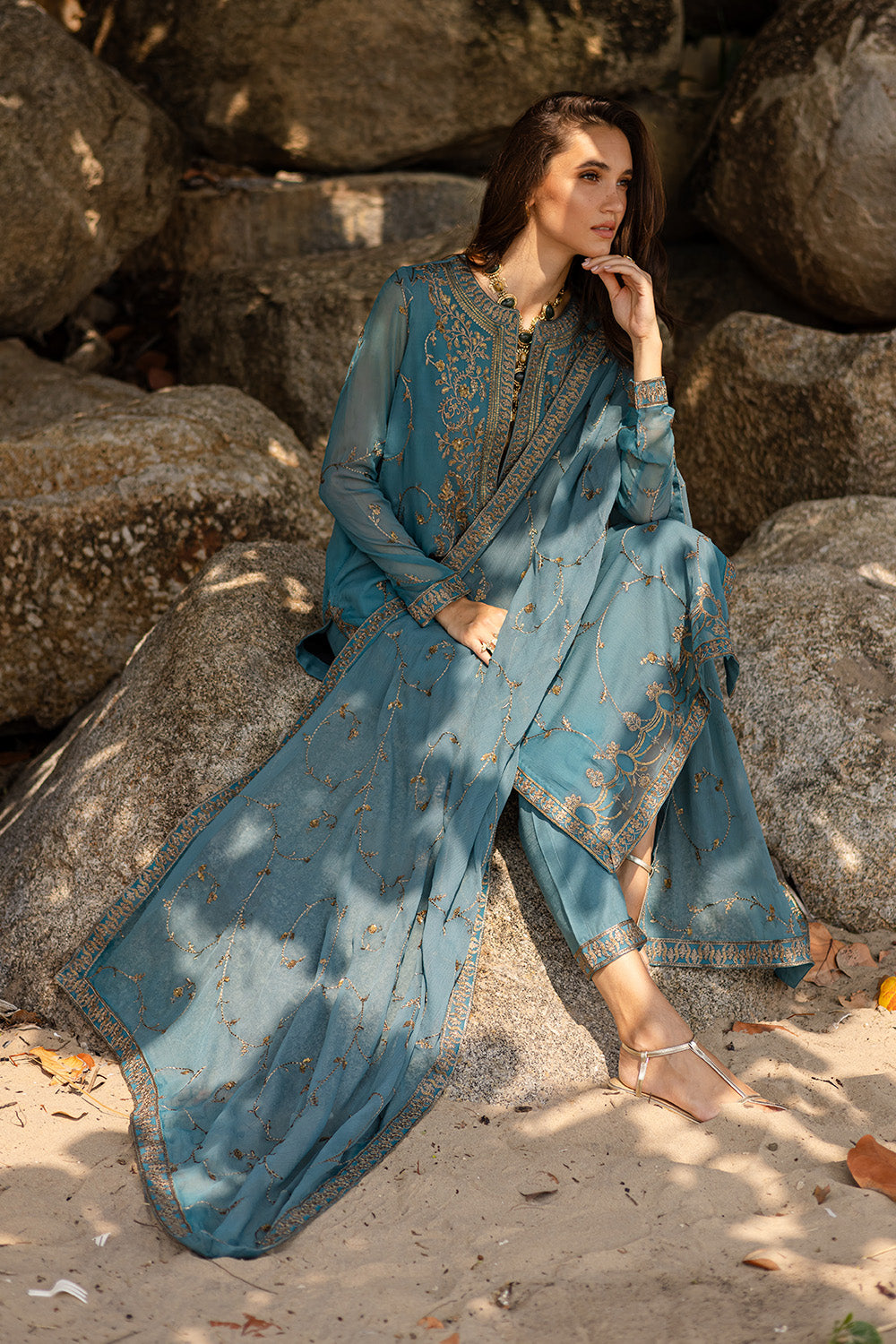 Pakistani Grey Blue Embroidered Chiffon & Organza Suit (3-Piece) - Image 5