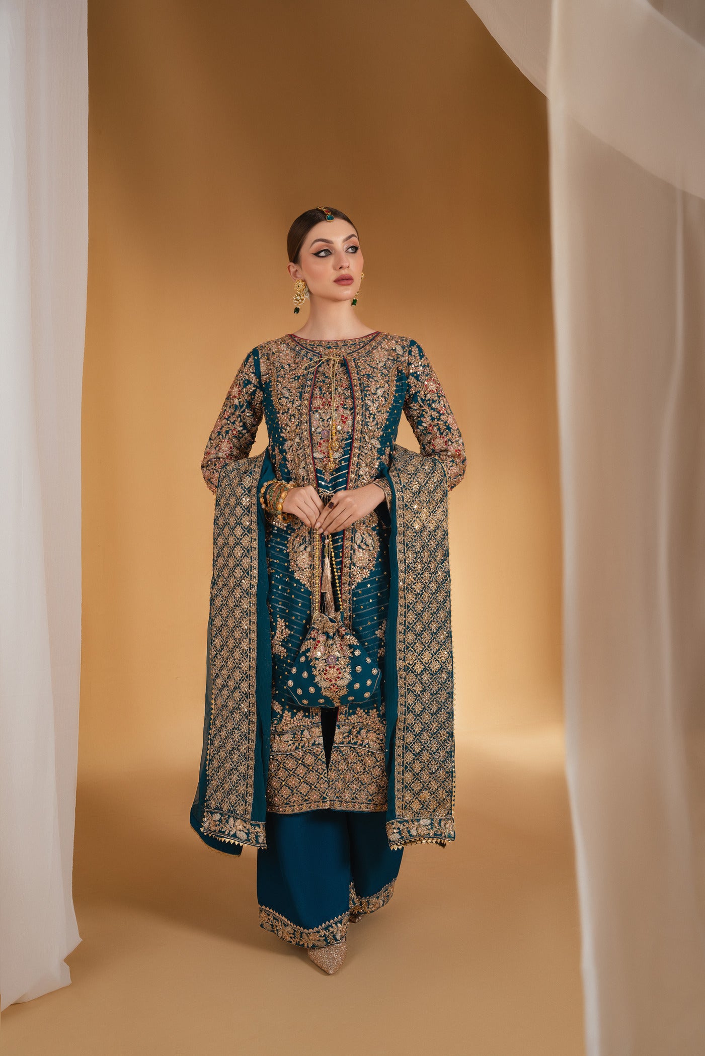 Deep Blue Embroidered Chiffon Gown (5-Piece) - Image 1