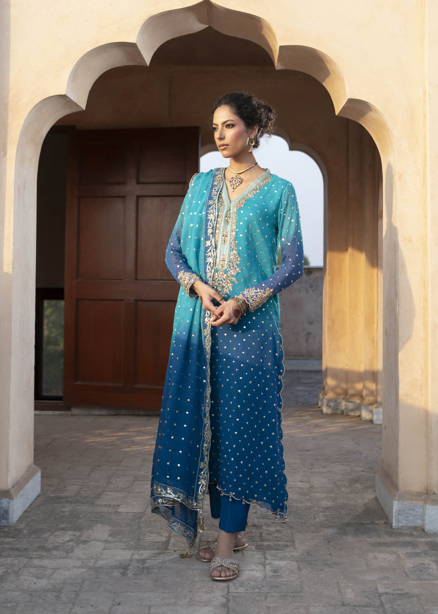 Pakistani Ferozi Ombré Embroidered Chiffon & Silk Salwar Kameez (3-Piece) - Image 1